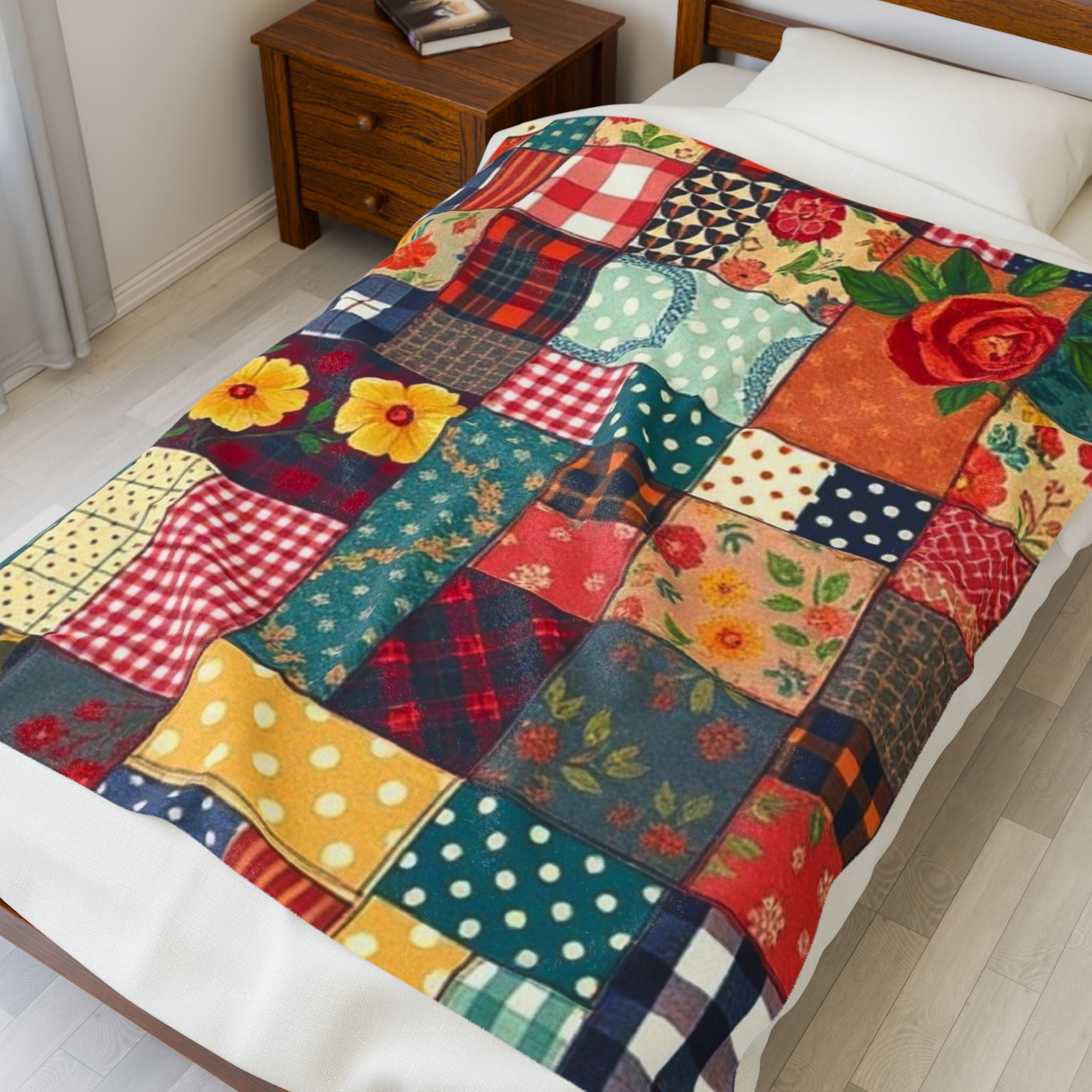 Classic Patches Velveteen Plush Blanket Vintage style print