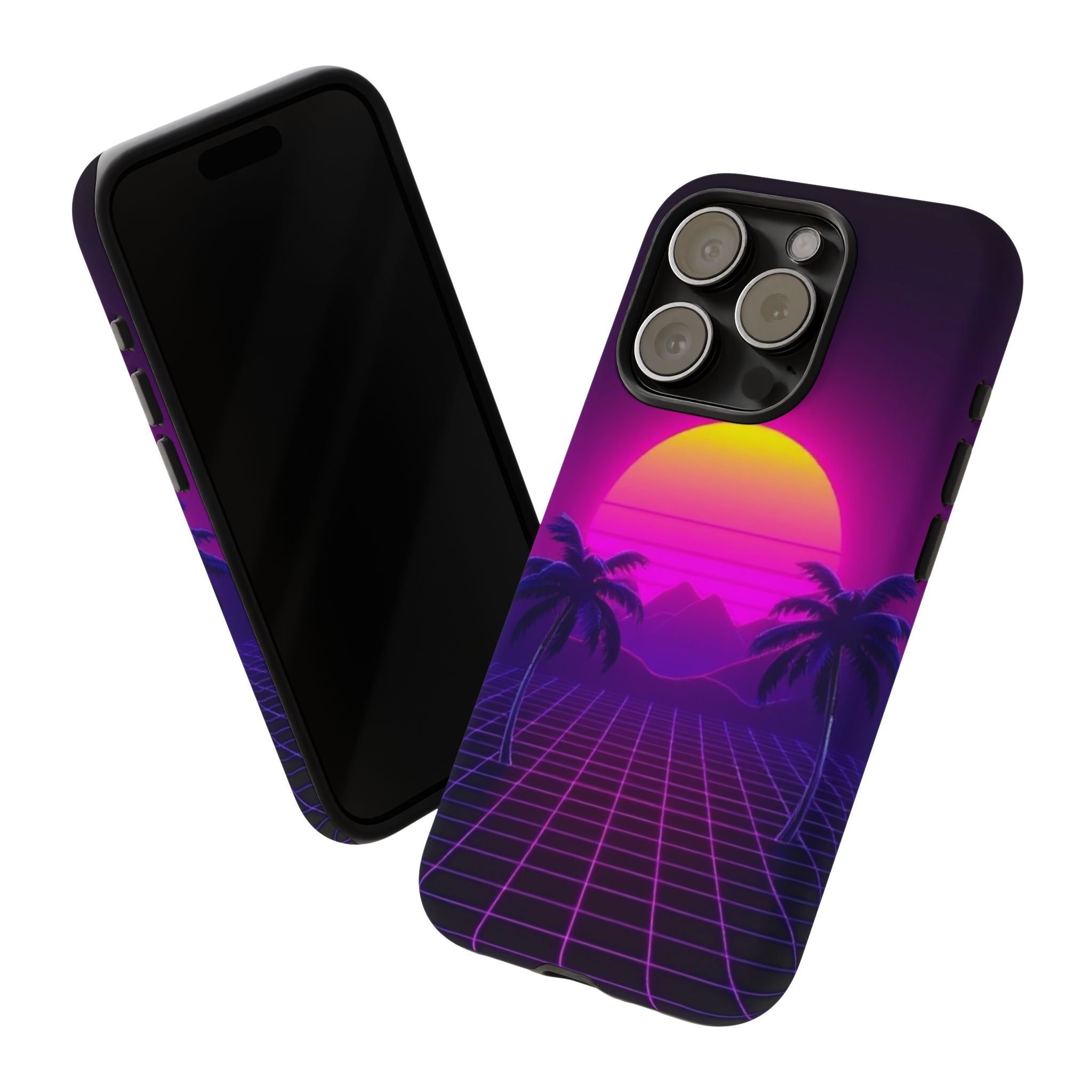 Android OR iPhone Compatible Cases - 80's Digital Grid Sunset Design - Unique Tough Cases