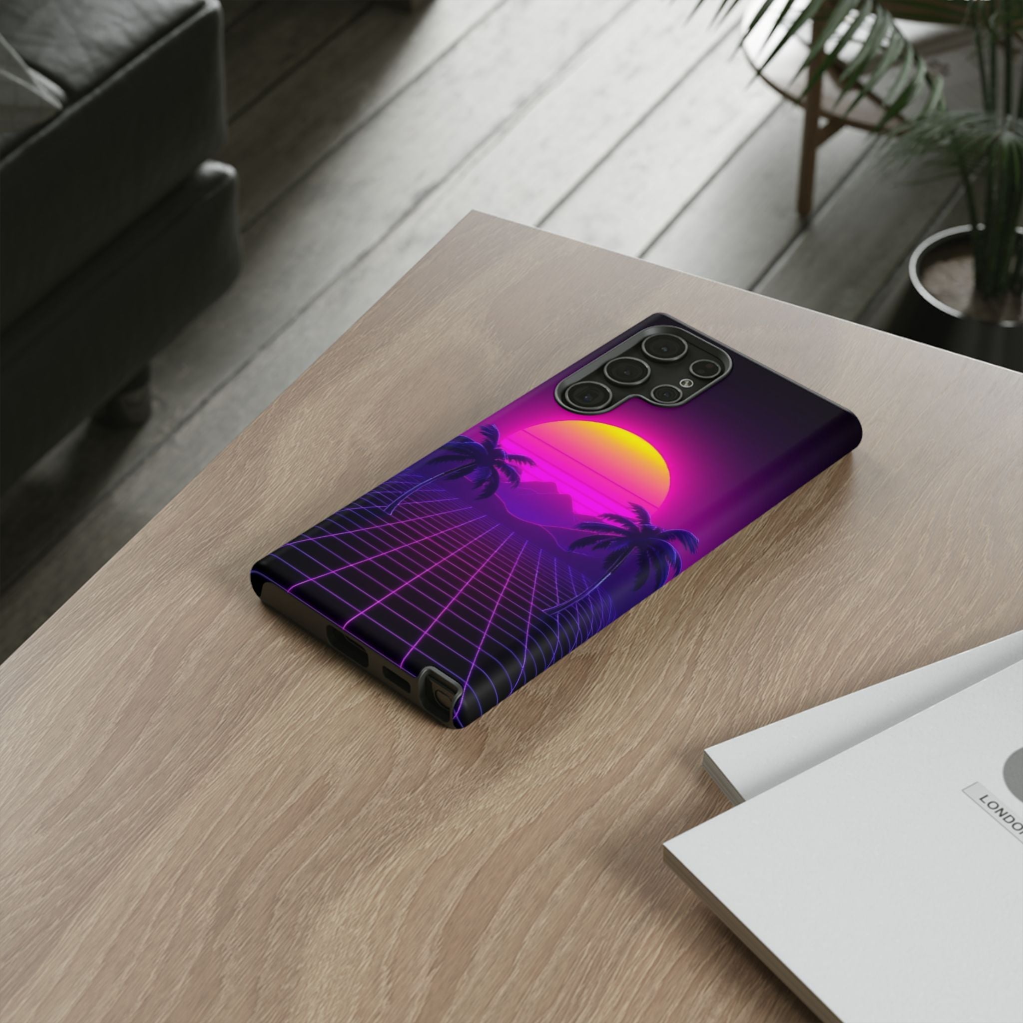 Android OR iPhone Compatible Cases - 80's Digital Grid Sunset Design - Unique Tough Cases