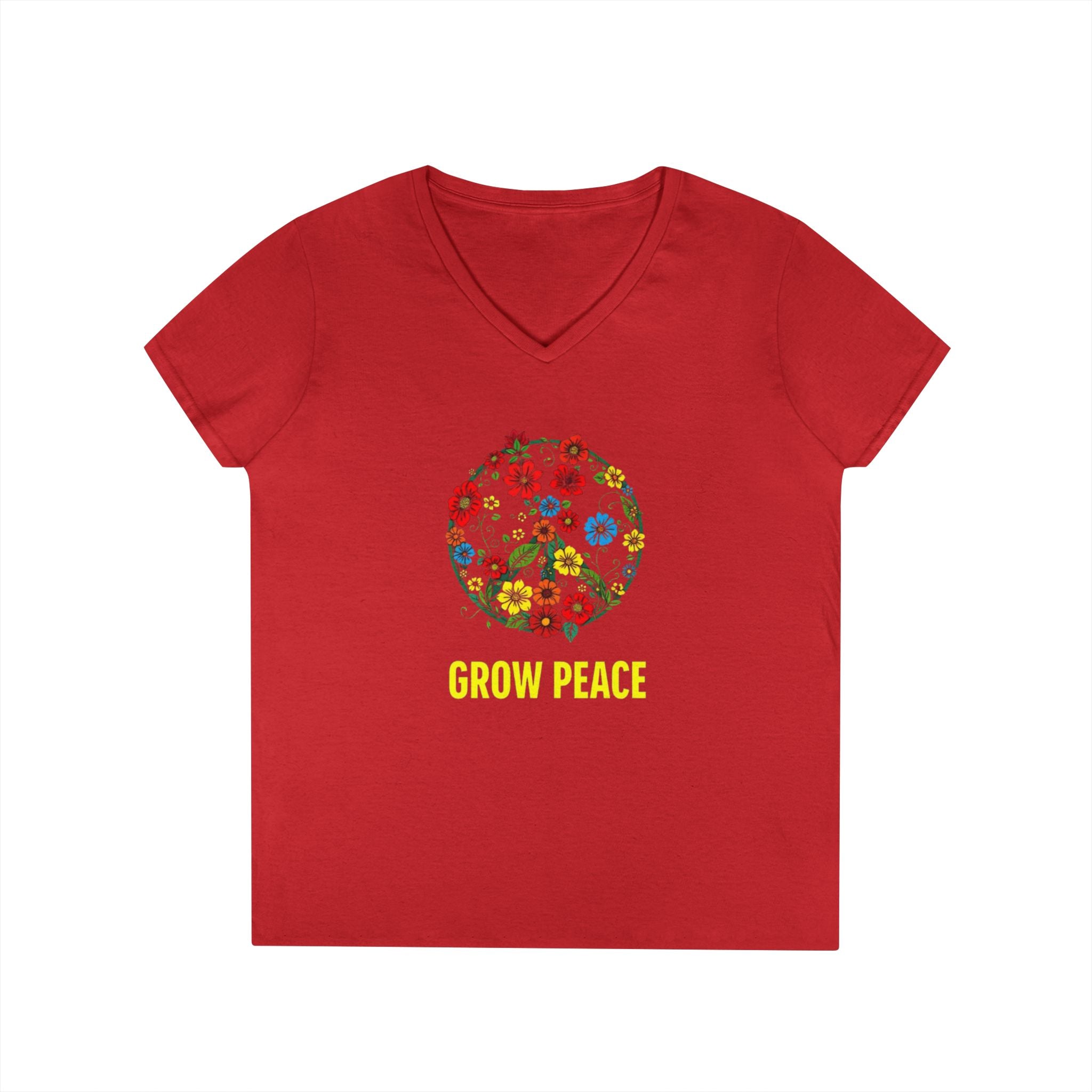 Ladies' V-Neck T-Shirt - "Grow Peace" Floral Design