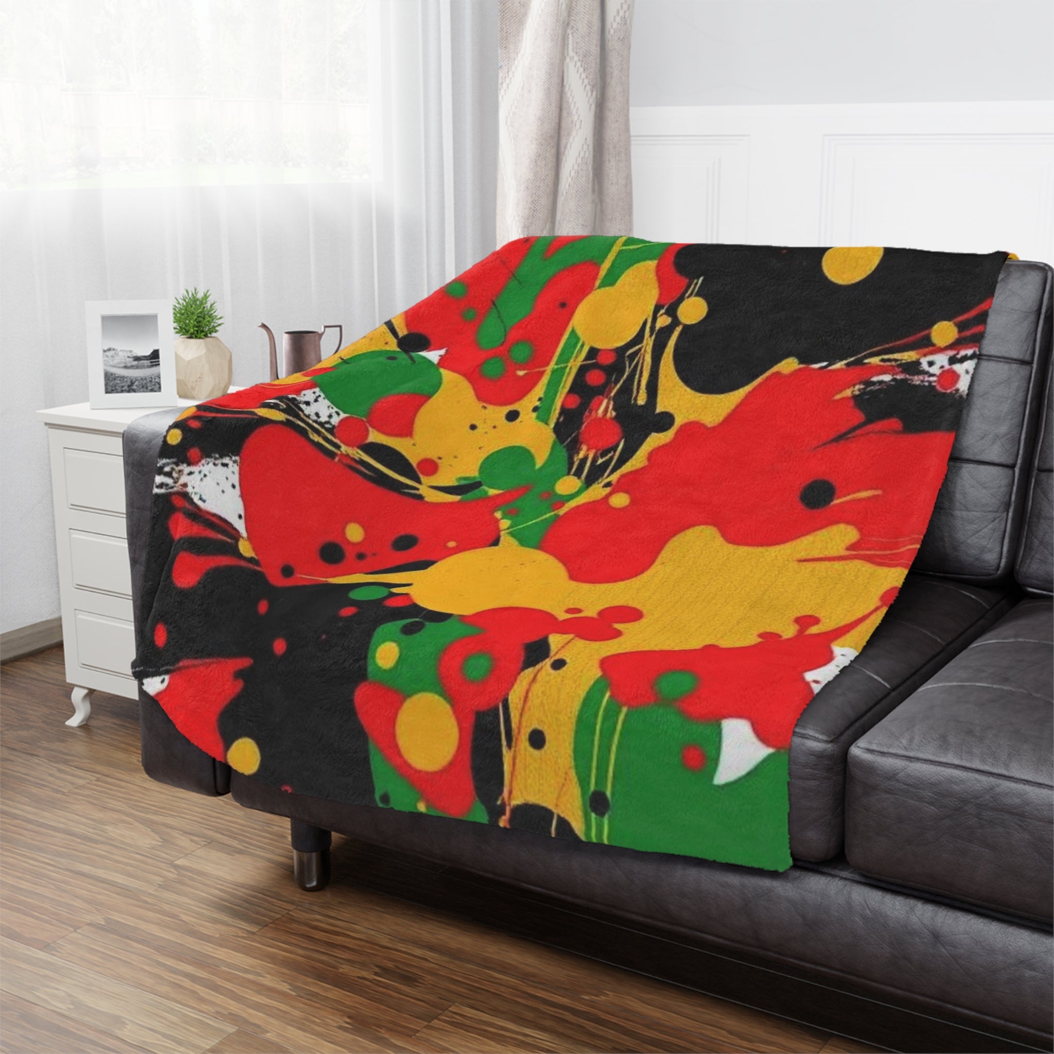 Abstract Yellow, Red, Black Microfiber Blanket