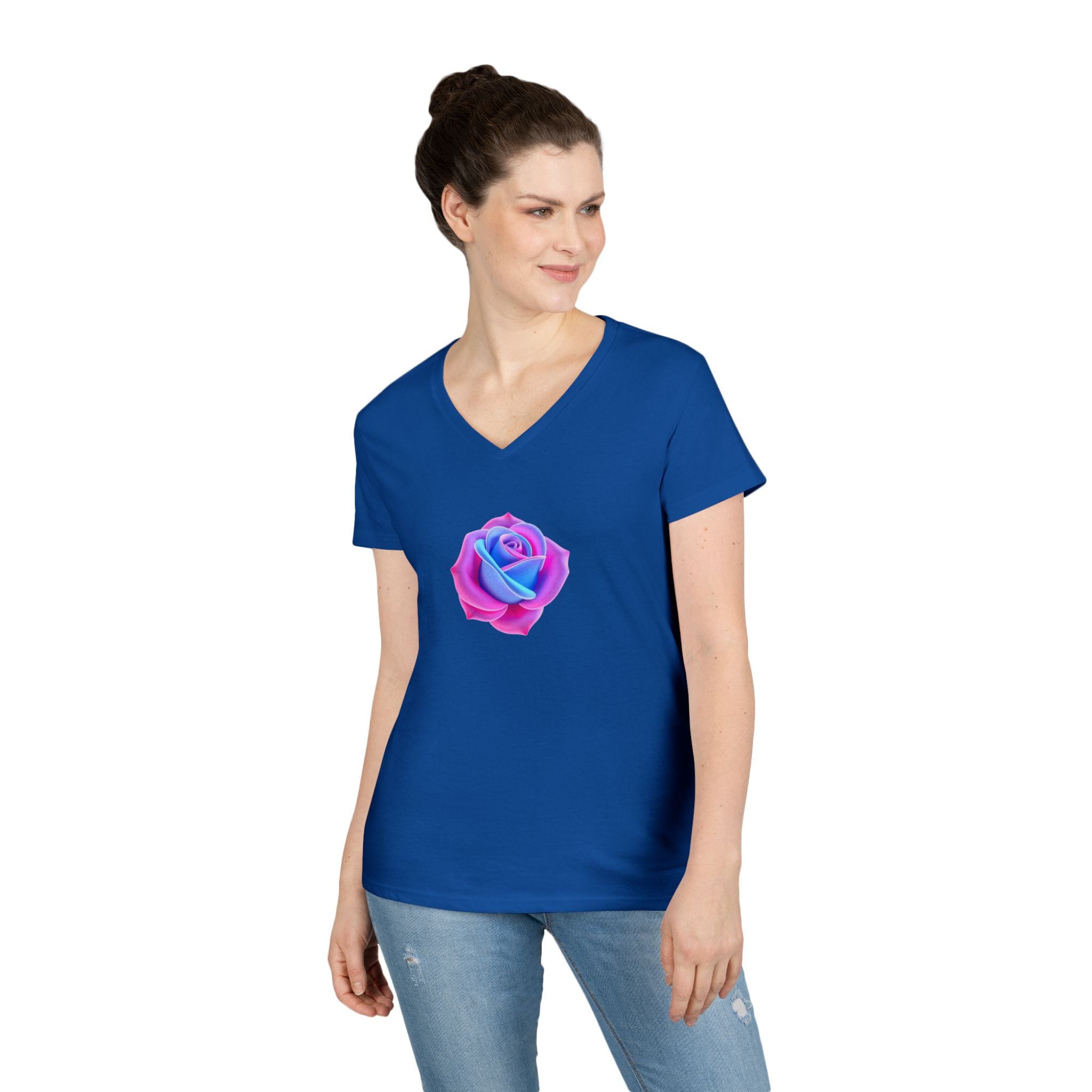 Ladies' V-Neck T-Shirt with Vibrant Trans Colors Rose Design - Perfect for Casual Wear and Gifts