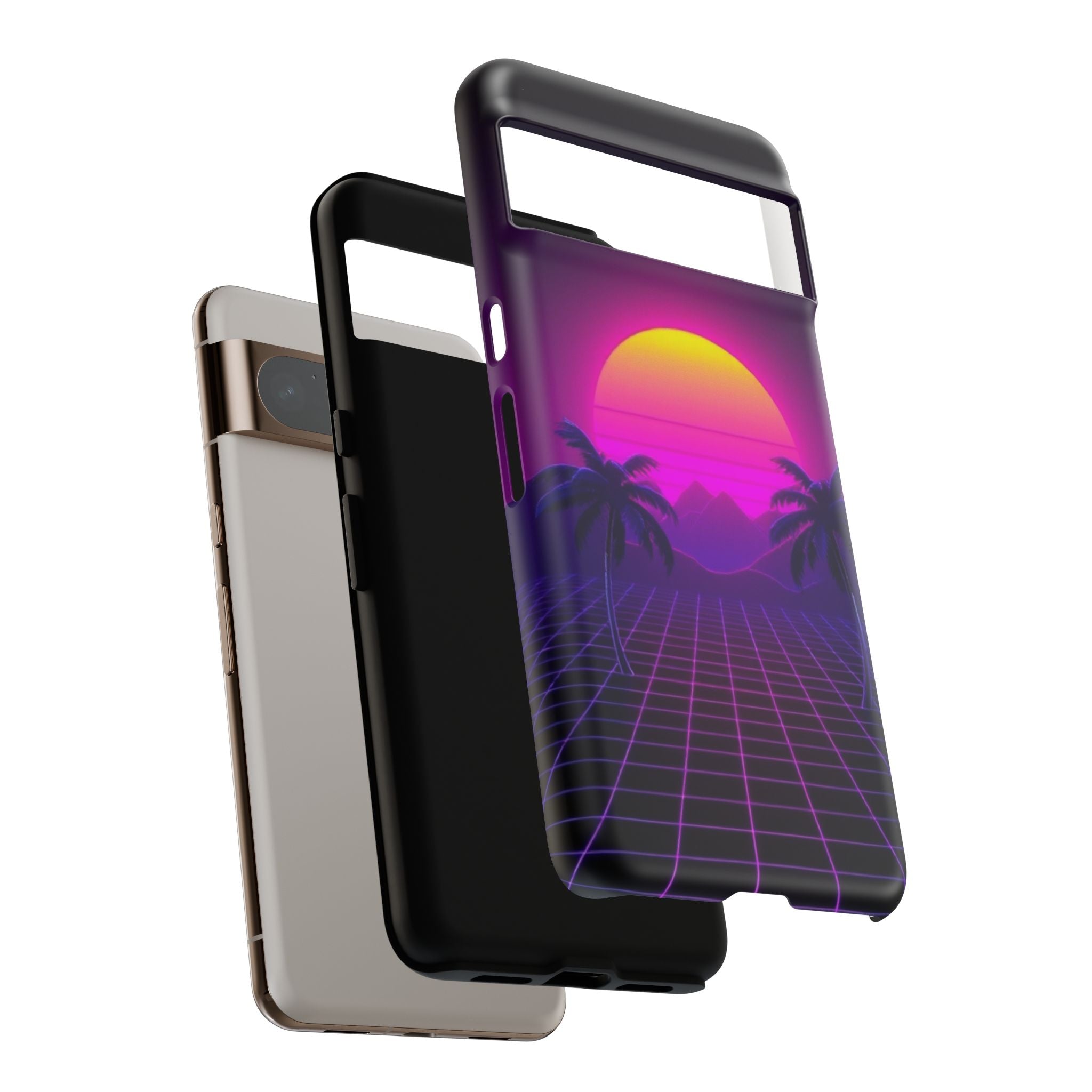 Android OR iPhone Compatible Cases - 80's Digital Grid Sunset Design - Unique Tough Cases