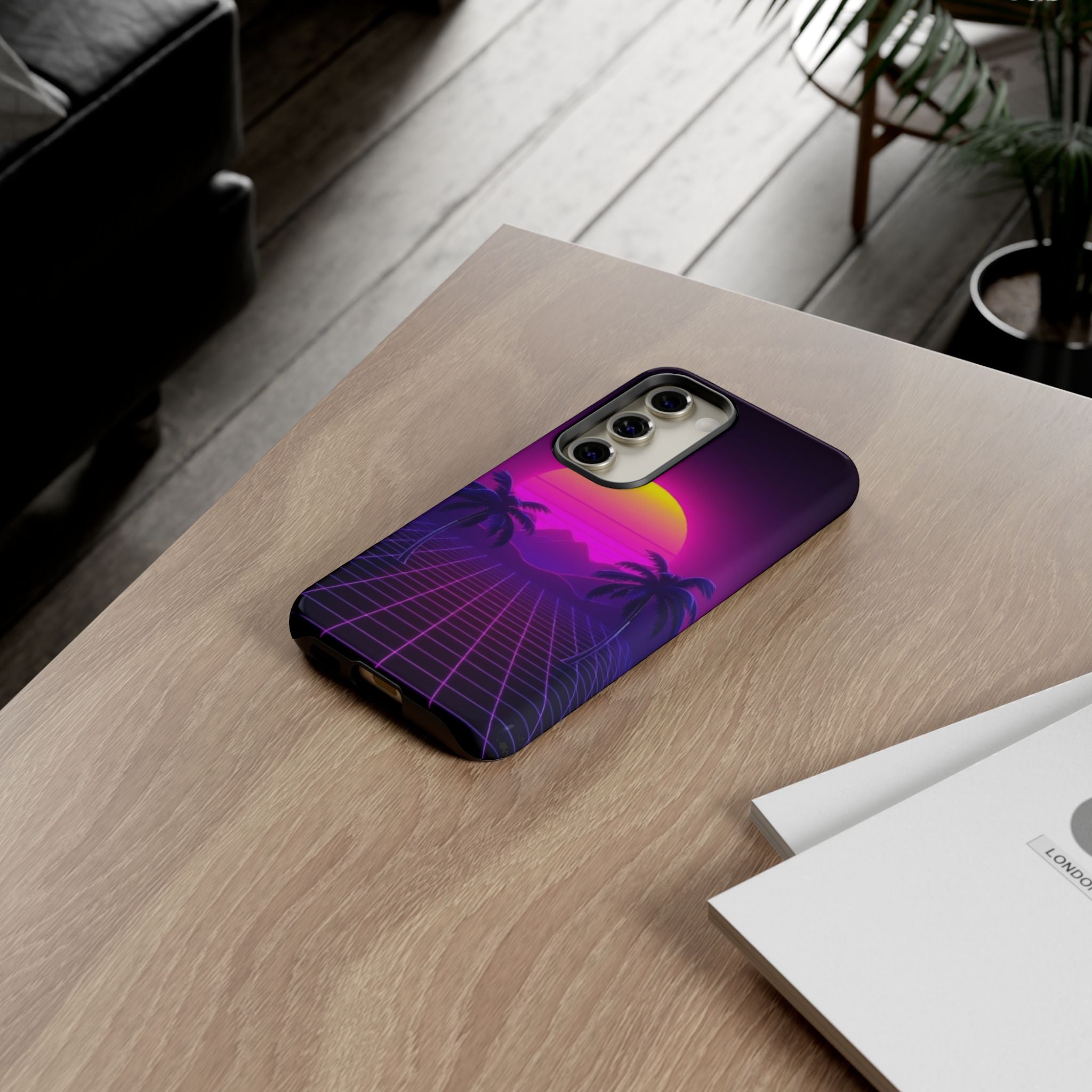 Android OR iPhone Compatible Cases - 80's Digital Grid Sunset Design - Unique Tough Cases