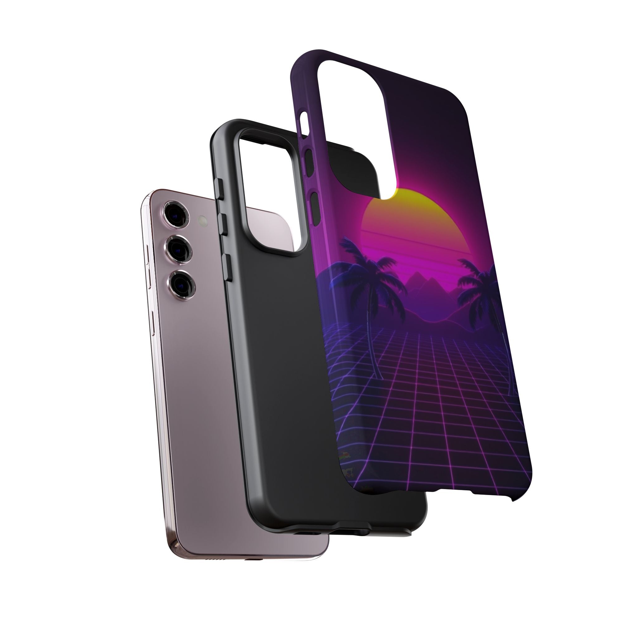 Android OR iPhone Compatible Cases - 80's Digital Grid Sunset Design - Unique Tough Cases