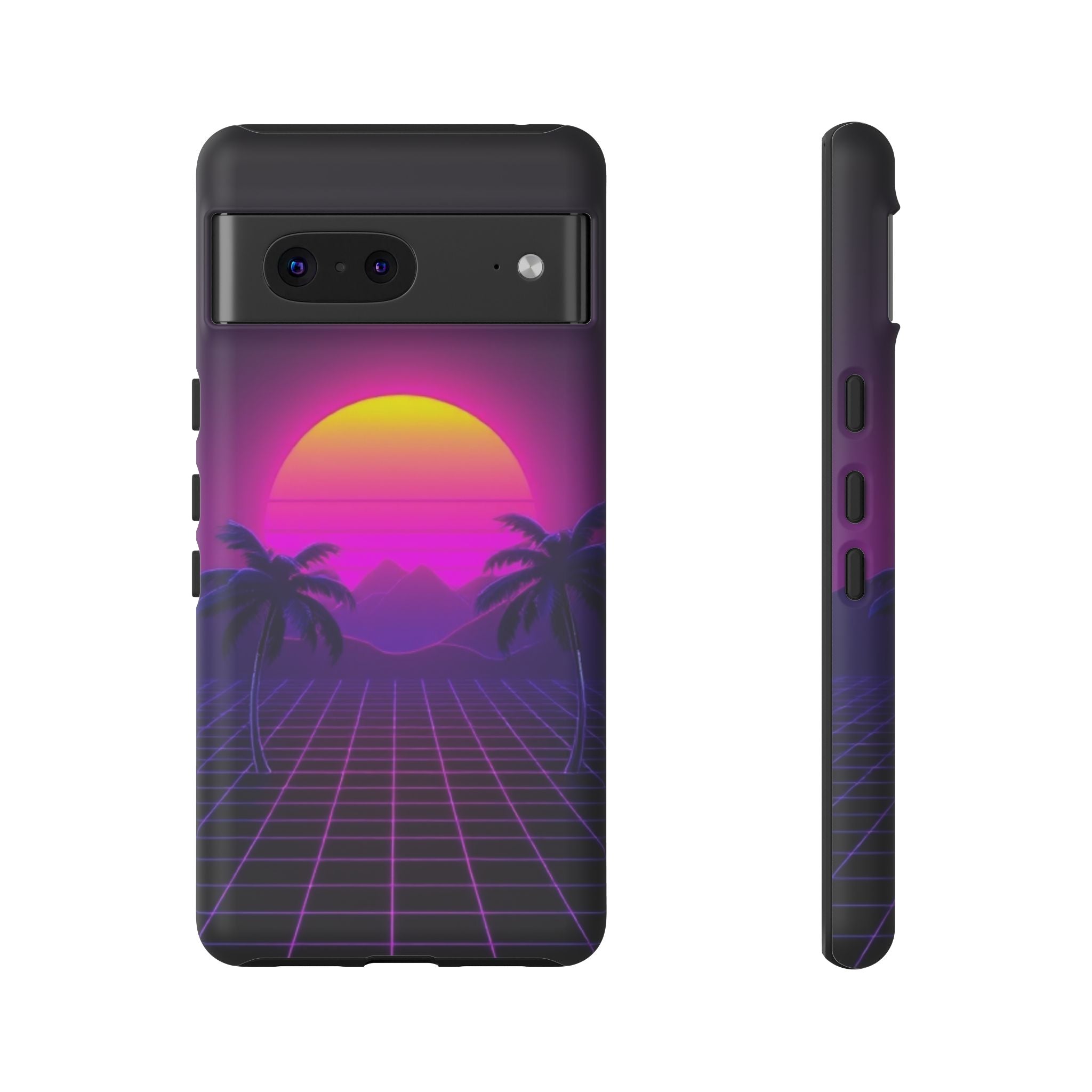 Android OR iPhone Compatible Cases - 80's Digital Grid Sunset Design - Unique Tough Cases