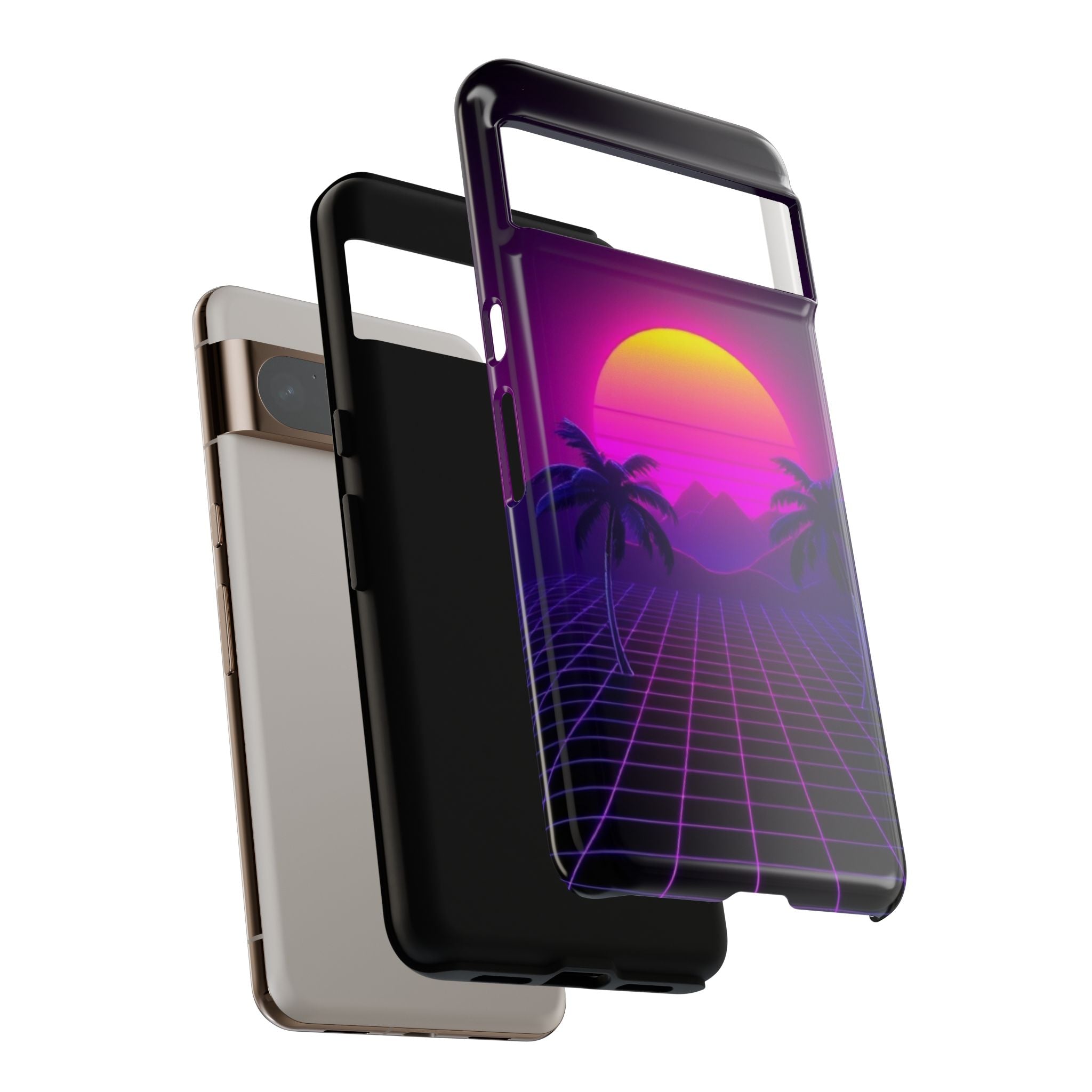 Android OR iPhone Compatible Cases - 80's Digital Grid Sunset Design - Unique Tough Cases