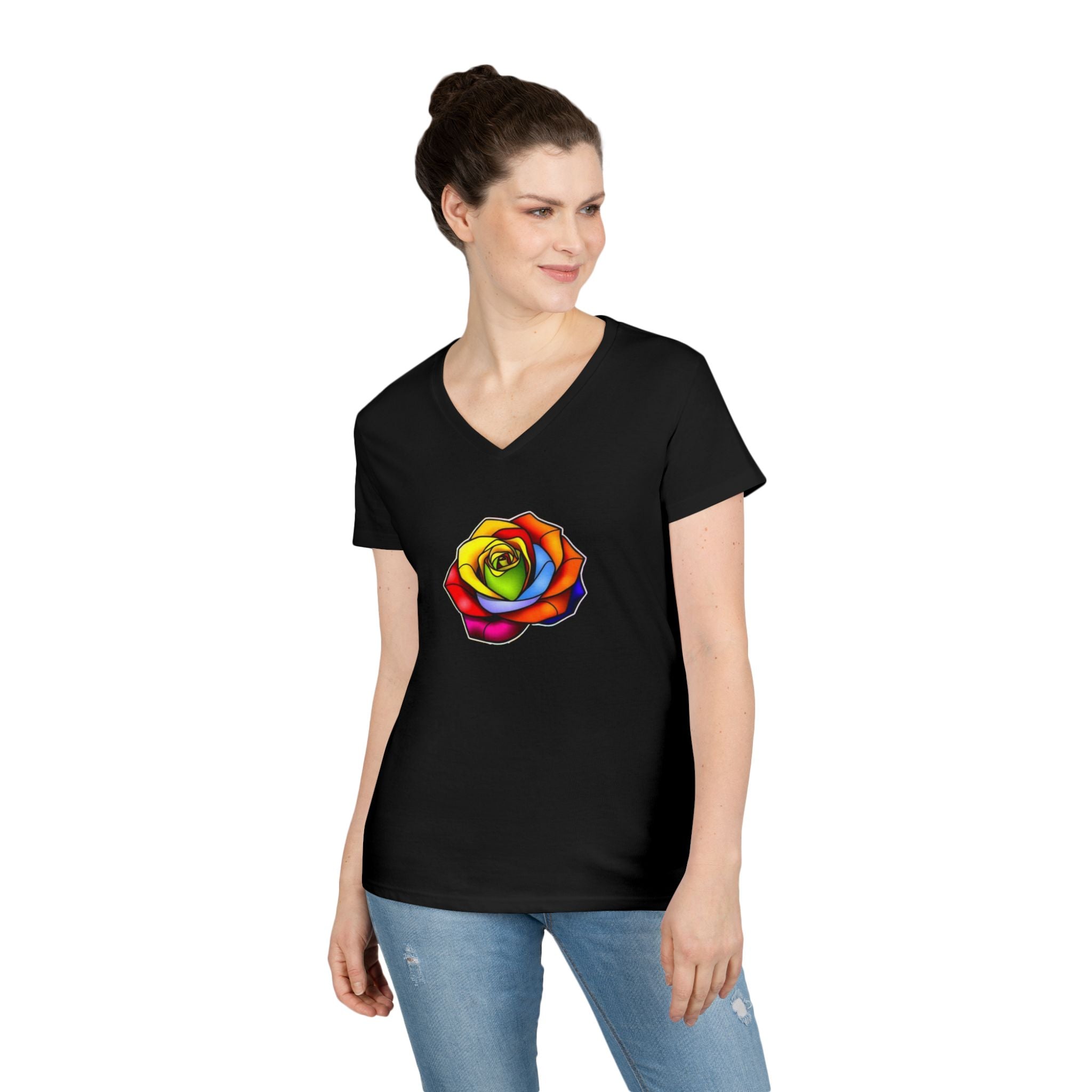 Rainbow Rose Ladies' V-Neck T-Shirt - Colorful Floral Design