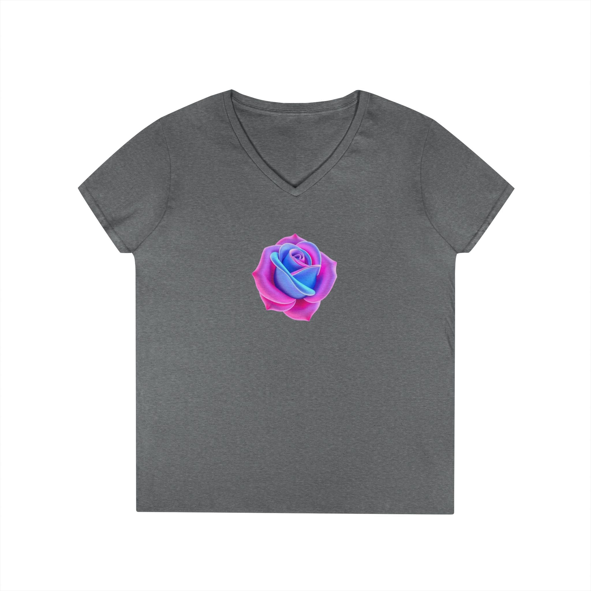 Ladies' V-Neck T-Shirt with Vibrant Trans Colors Rose Design - Perfect for Casual Wear and Gifts