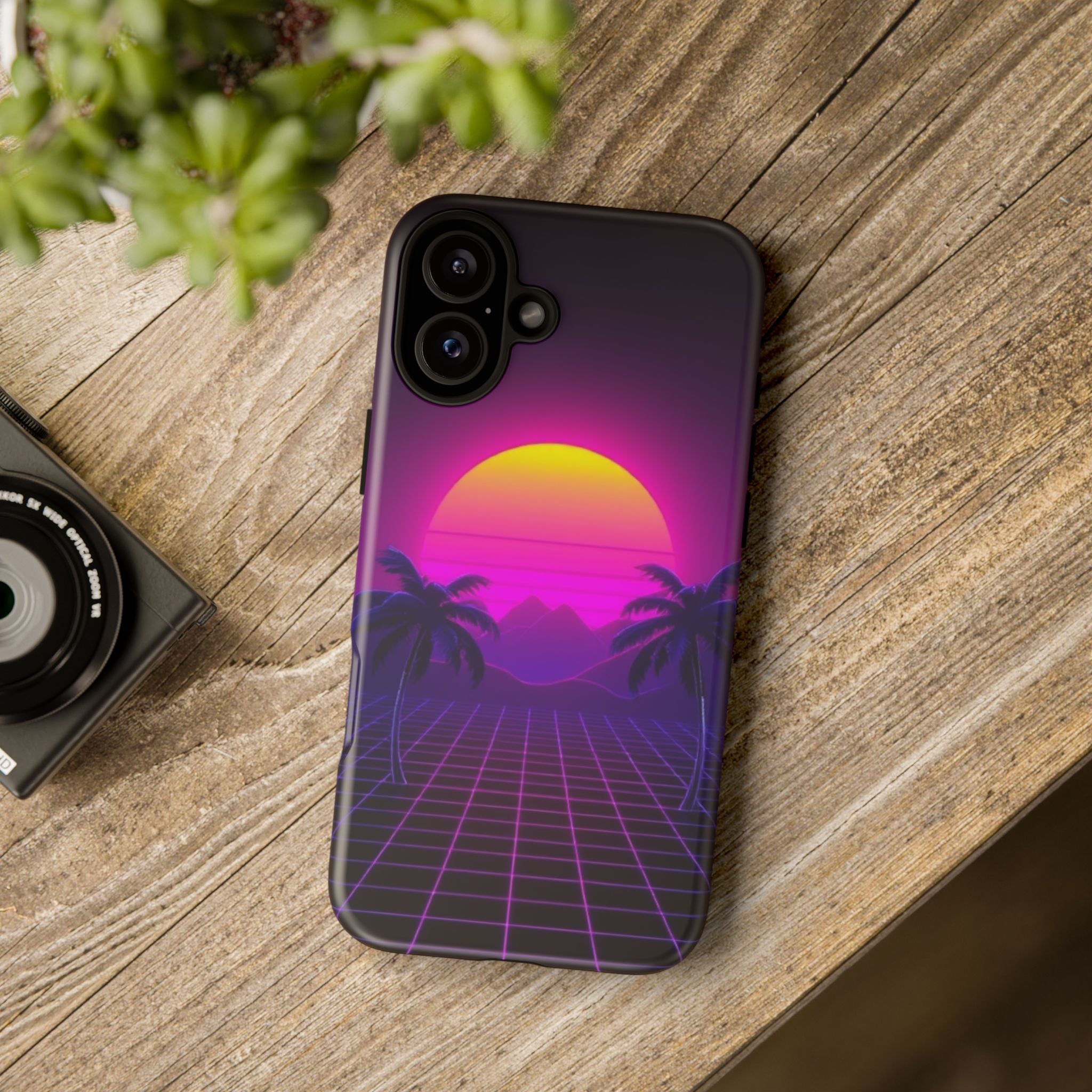 Android OR iPhone Compatible Cases - 80's Digital Grid Sunset Design - Unique Tough Cases