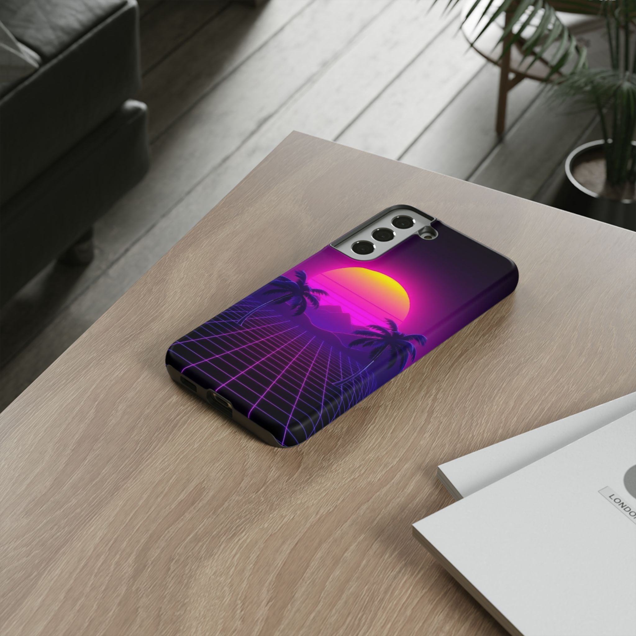 Android OR iPhone Compatible Cases - 80's Digital Grid Sunset Design - Unique Tough Cases