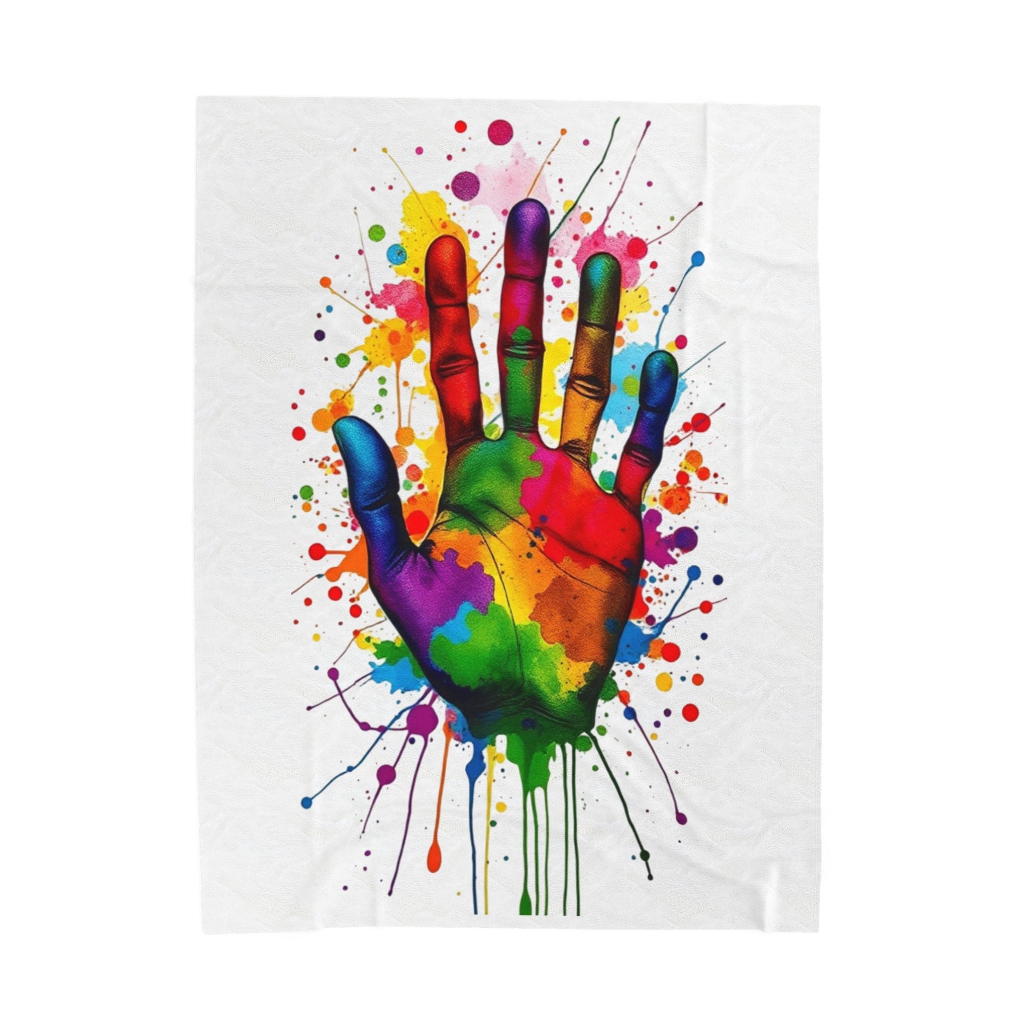 Rainbow Splash Handprint White Background Velveteen Plush Blanket – For Comfort and Warmth