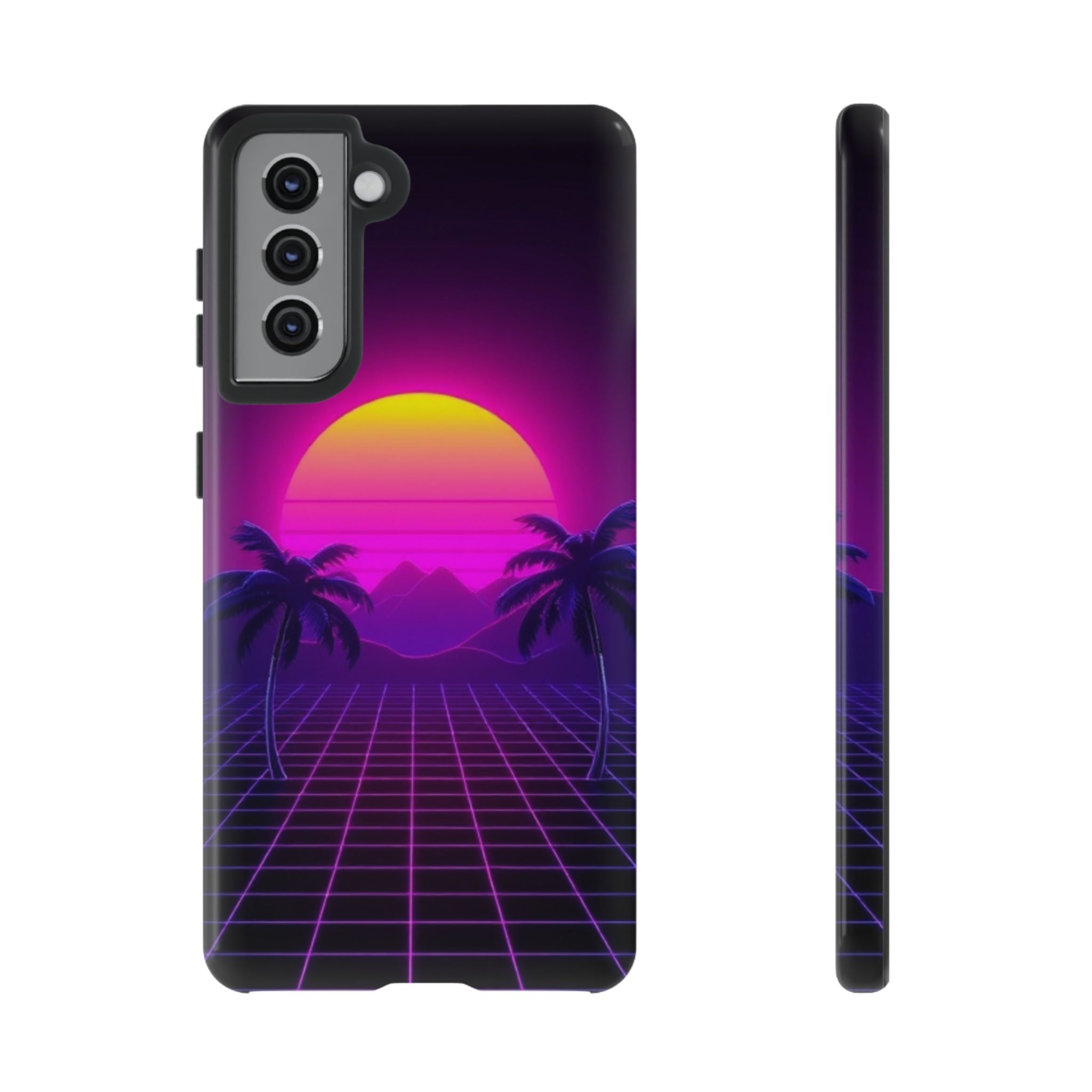 Android OR iPhone Compatible Cases - 80's Digital Grid Sunset Design - Unique Tough Cases