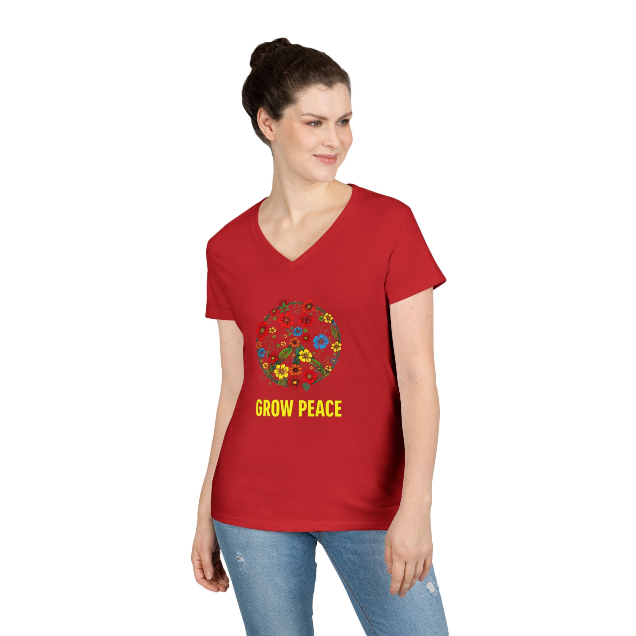 Ladies' V-Neck T-Shirt - "Grow Peace" Floral Design