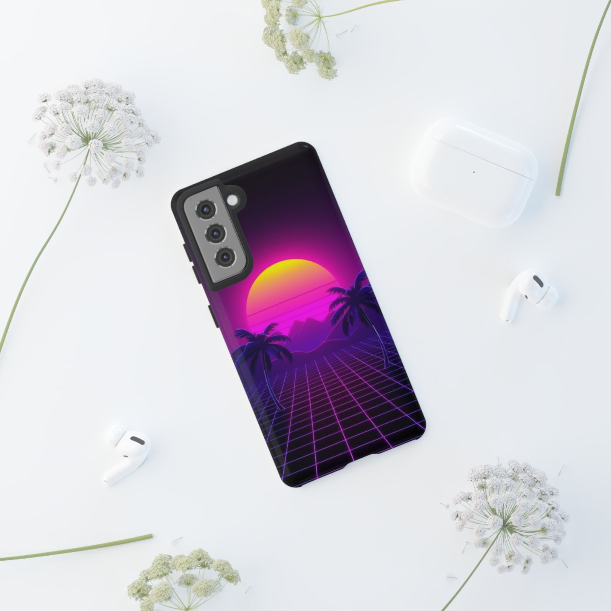 Android OR iPhone Compatible Cases - 80's Digital Grid Sunset Design - Unique Tough Cases