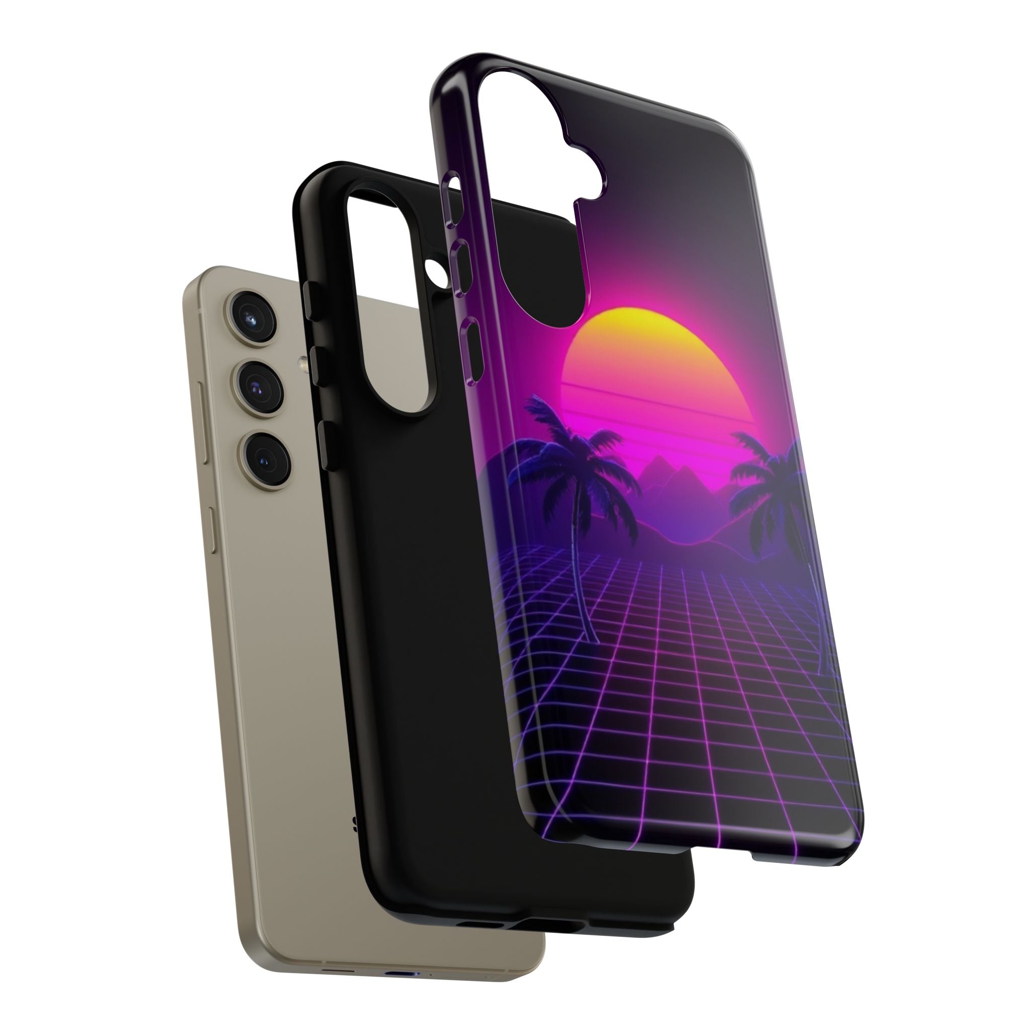 Android OR iPhone Compatible Cases - 80's Digital Grid Sunset Design - Unique Tough Cases