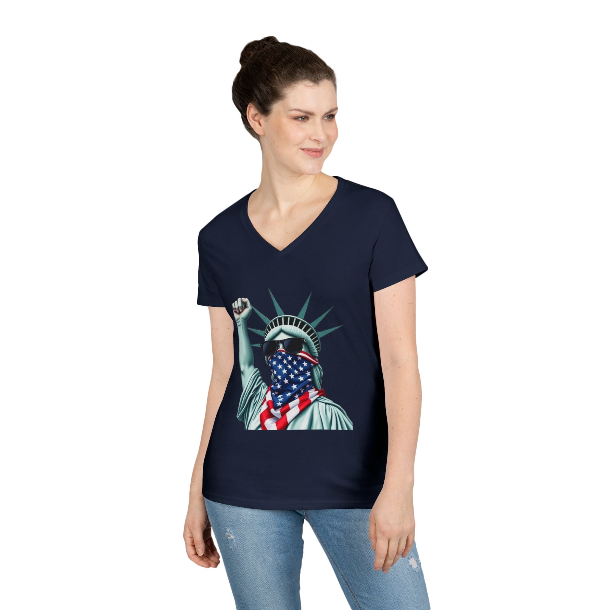 Patriotic Ladies' V-Neck T-Shirt - Resist Statue of Liberty Design
