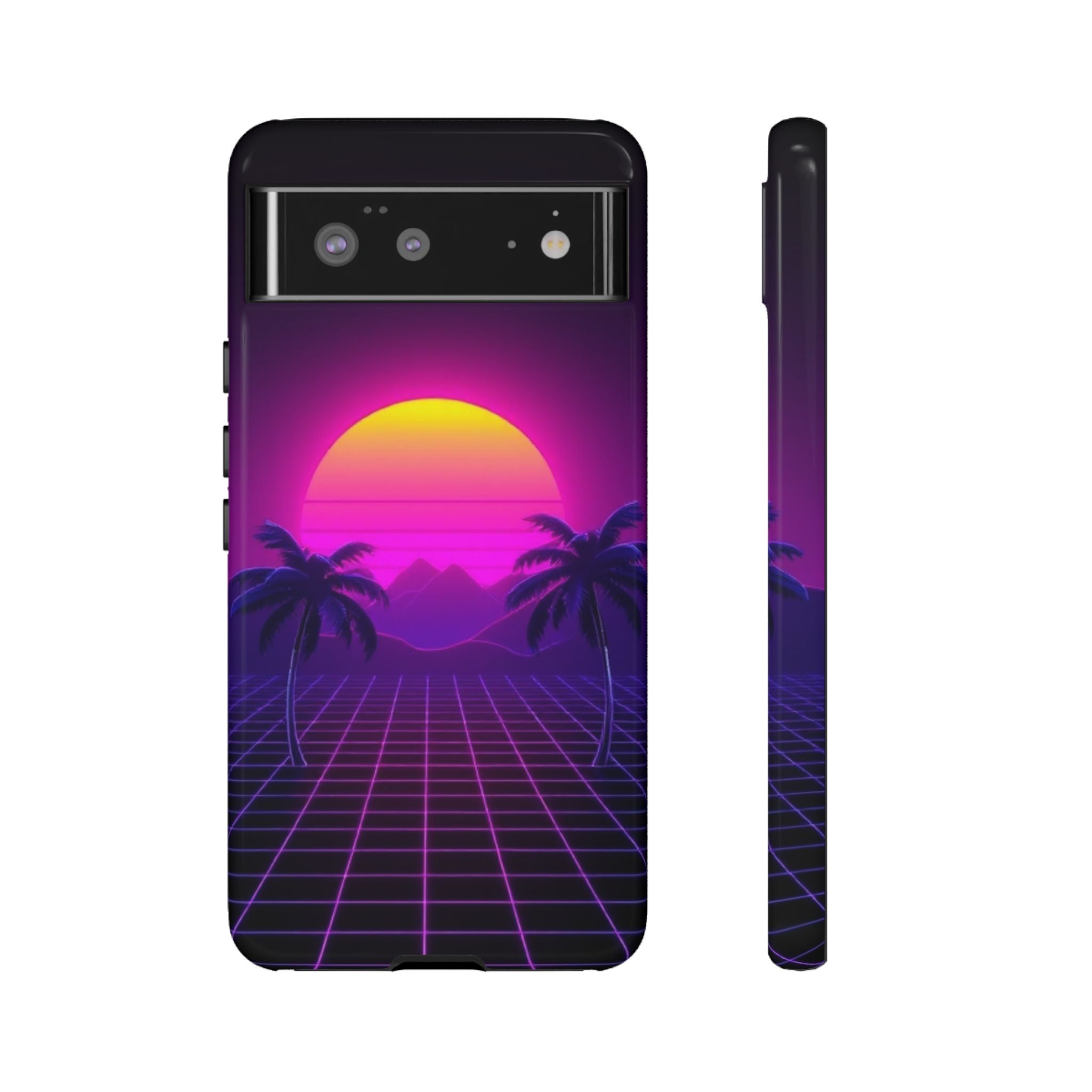 Android OR iPhone Compatible Cases - 80's Digital Grid Sunset Design - Unique Tough Cases