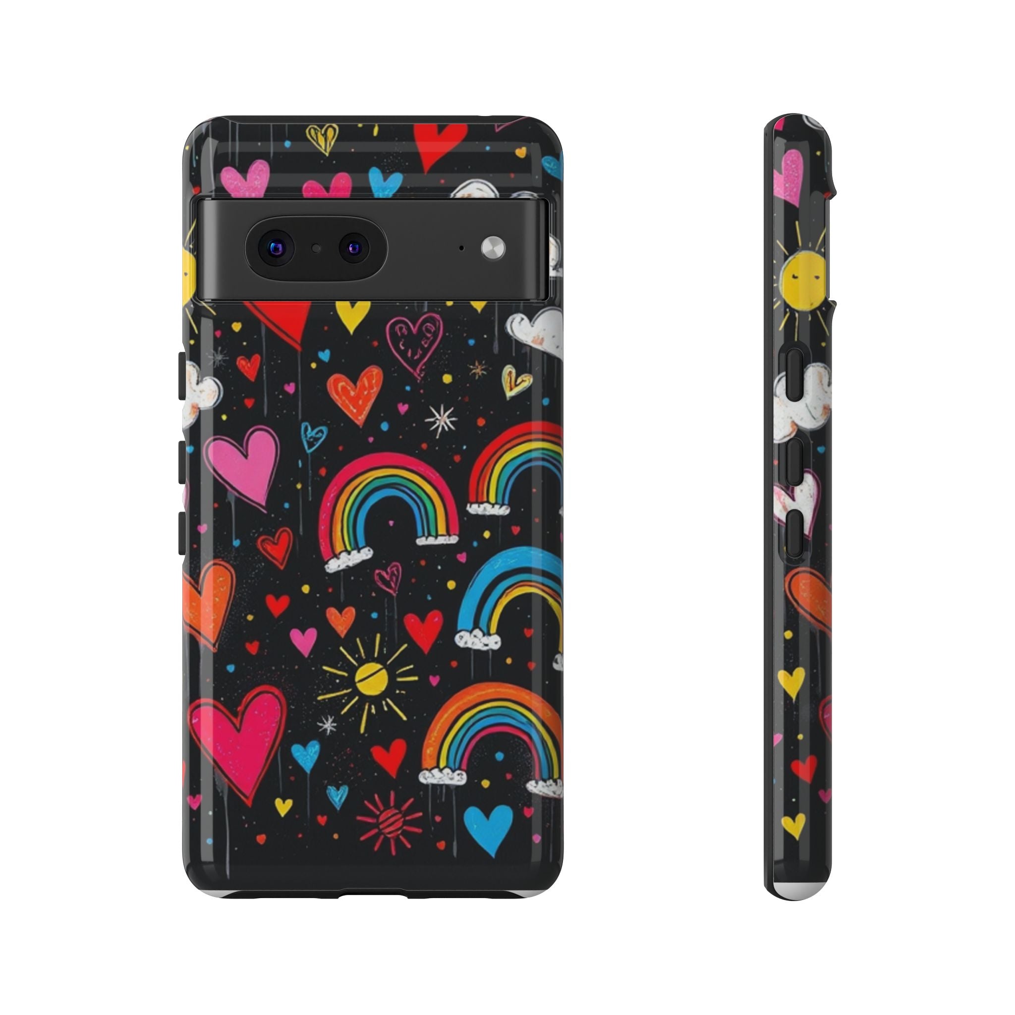 Android OR iPhone Compatible Cases - Doodle Hearts and Rainbows Design
