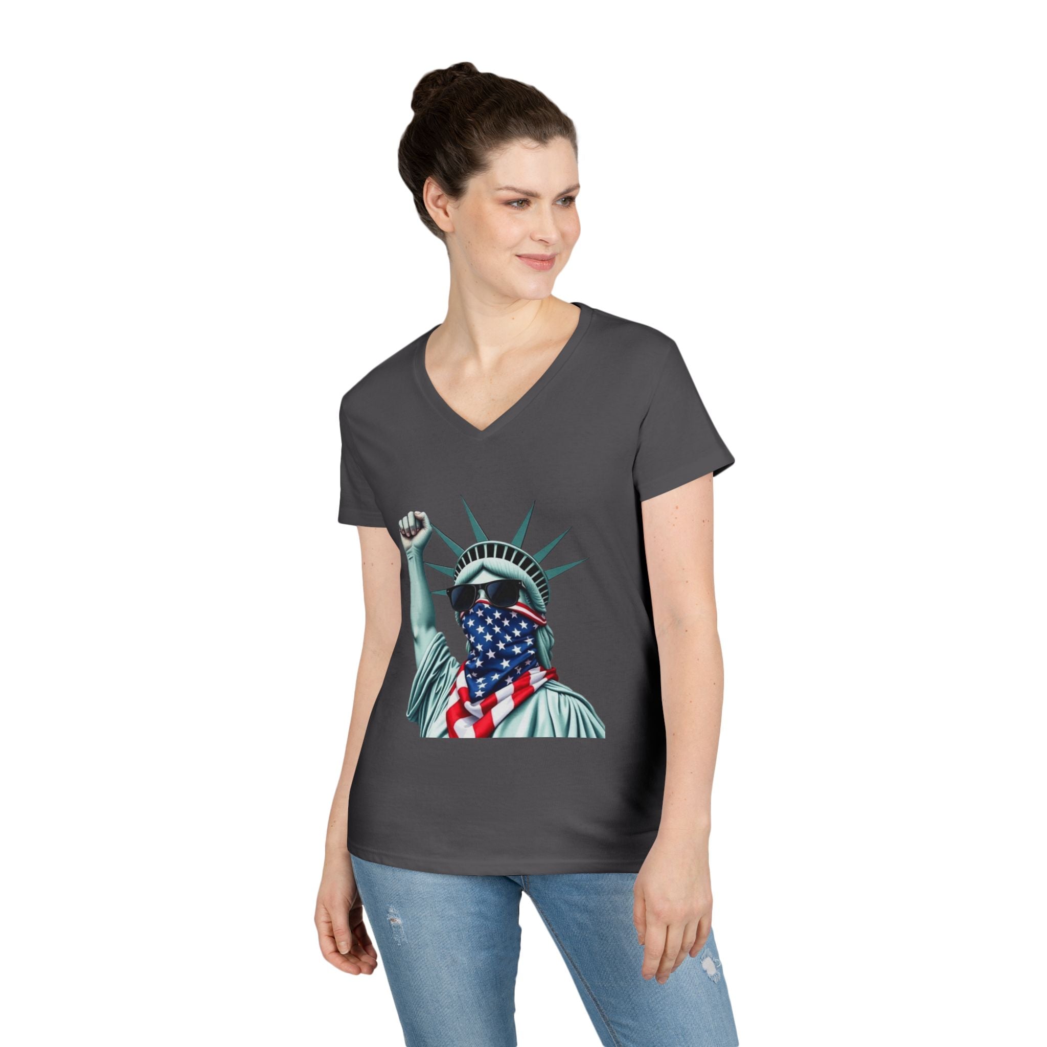 Patriotic Ladies' V-Neck T-Shirt - Resist Statue of Liberty Design