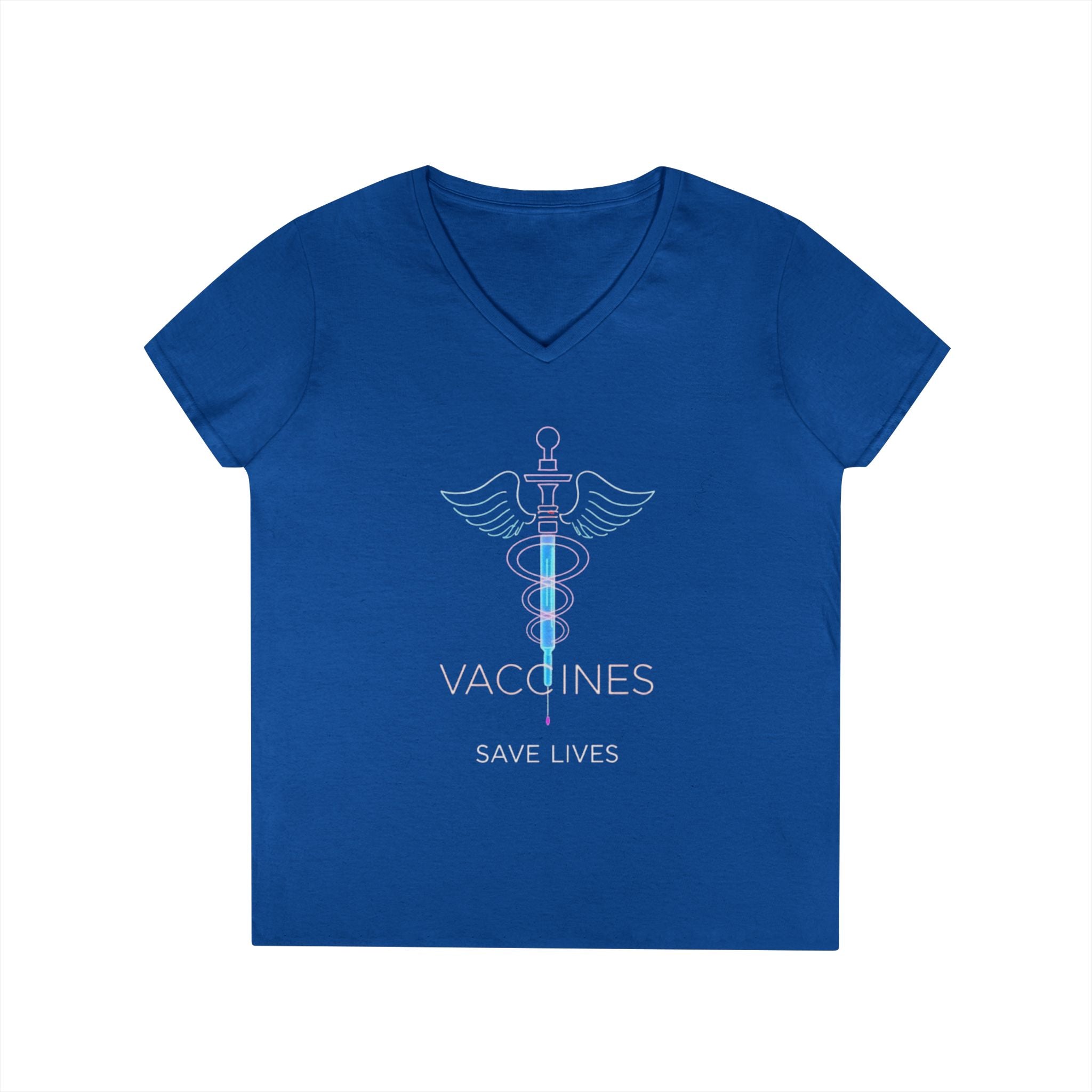 Ladies' V-Neck T-Shirt - 'Vaccines Save Lives' Graphic Tee for Health Advocacy