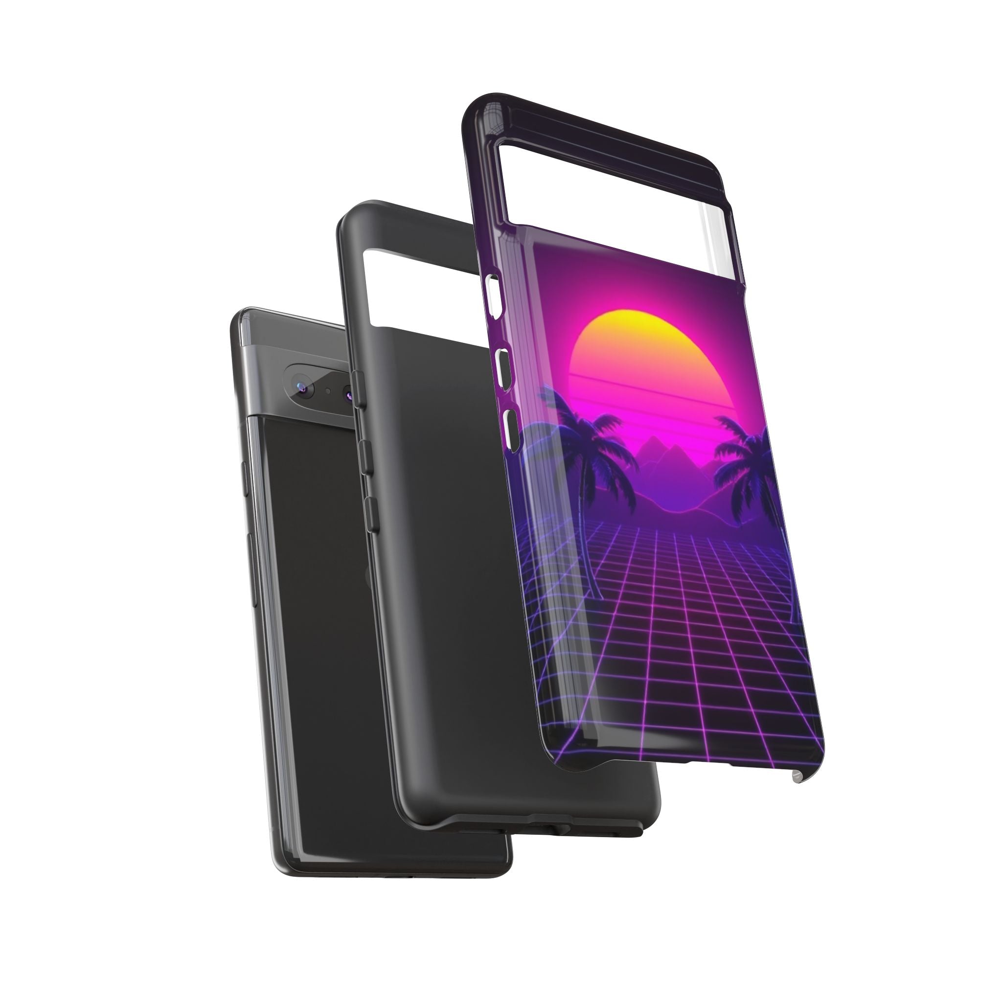 Android OR iPhone Compatible Cases - 80's Digital Grid Sunset Design - Unique Tough Cases