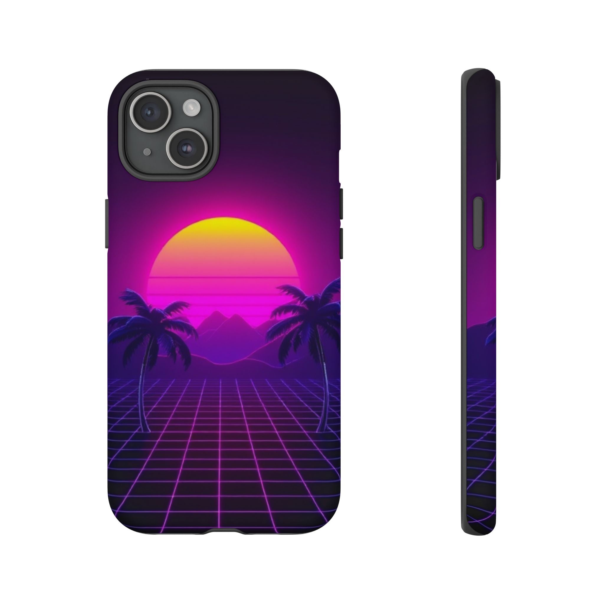 Android OR iPhone Compatible Cases - 80's Digital Grid Sunset Design - Unique Tough Cases