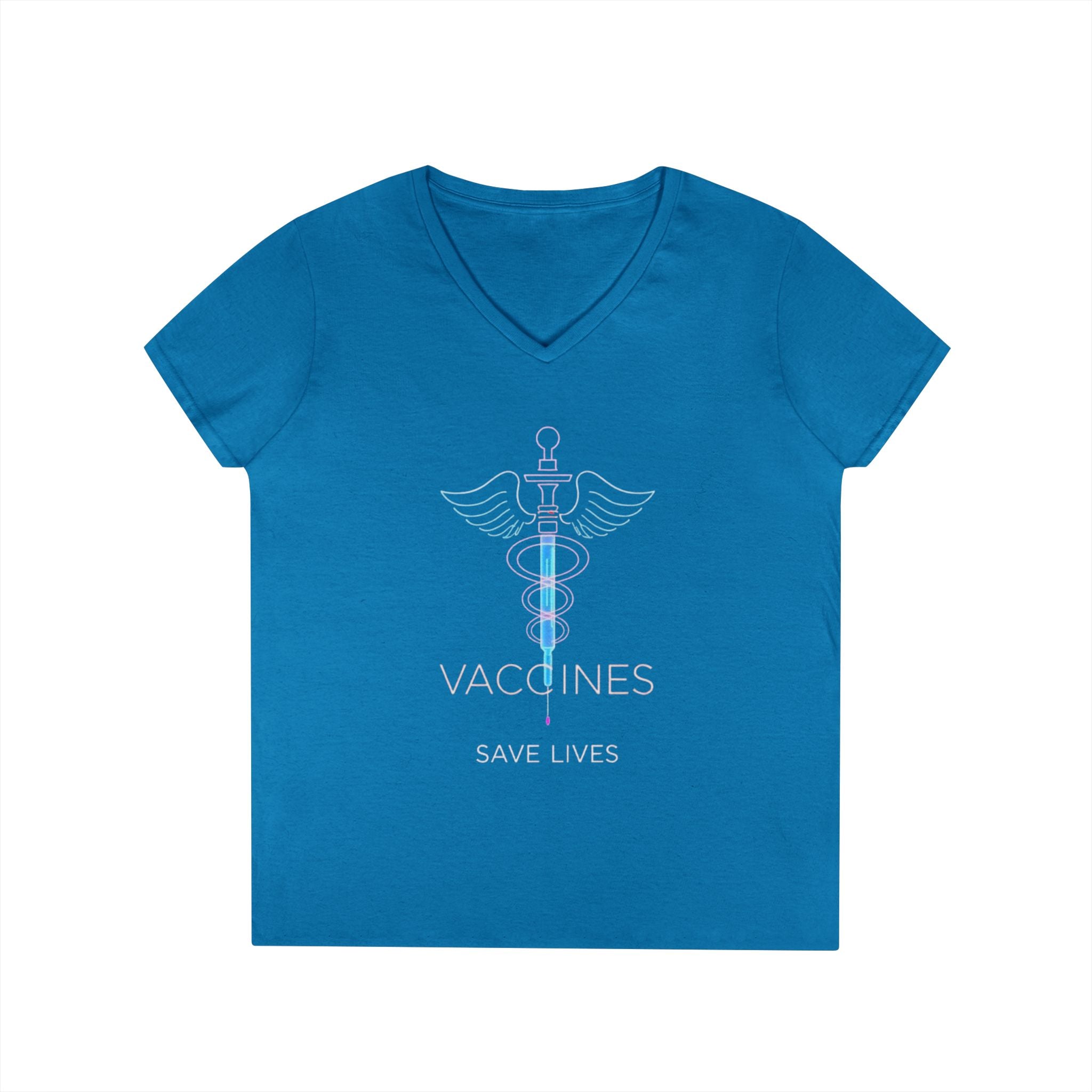 Ladies' V-Neck T-Shirt - 'Vaccines Save Lives' Graphic Tee for Health Advocacy