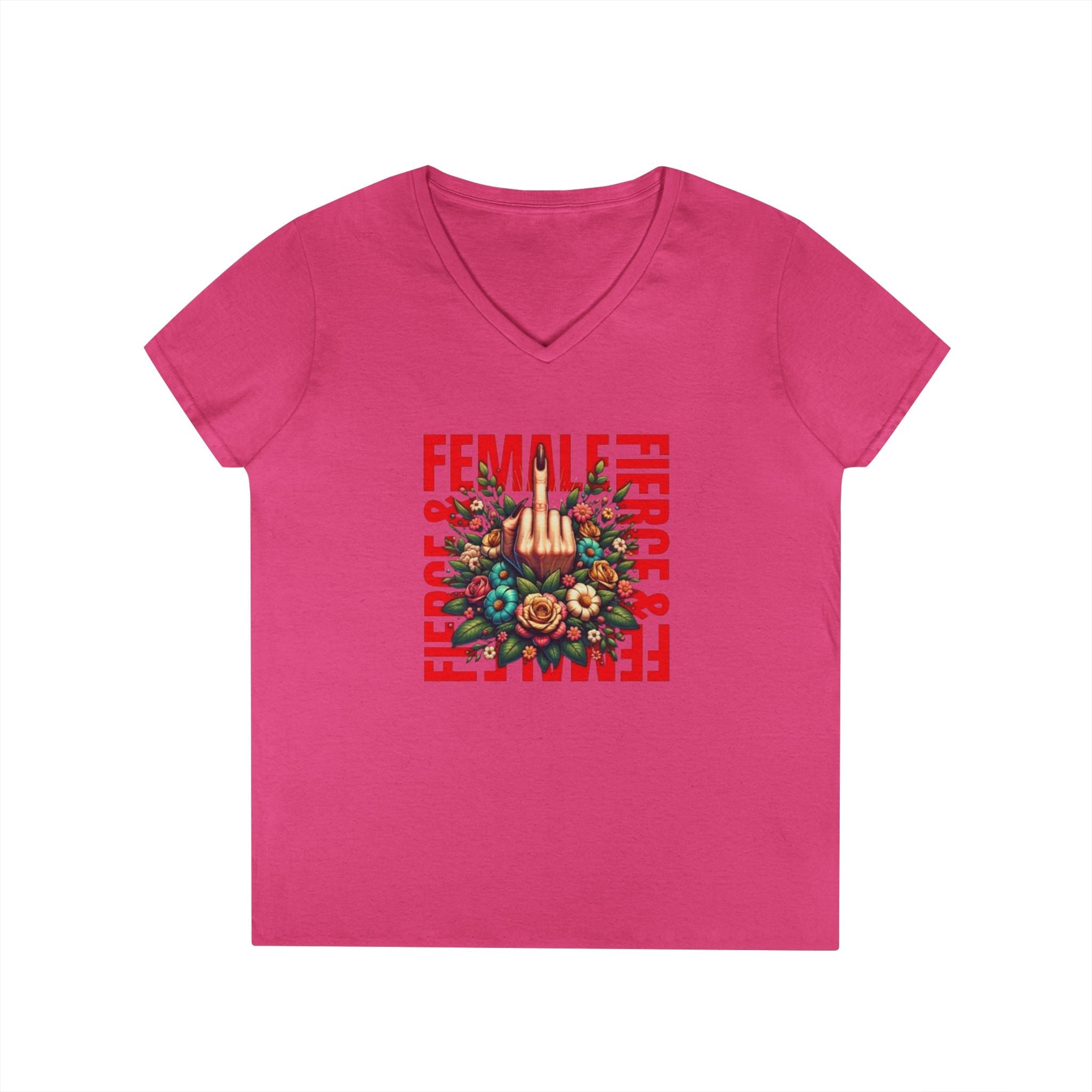 Fierce & Female V - Neck T-Shirt - Empowering Floral Tee for Women - EqualiTees.Me