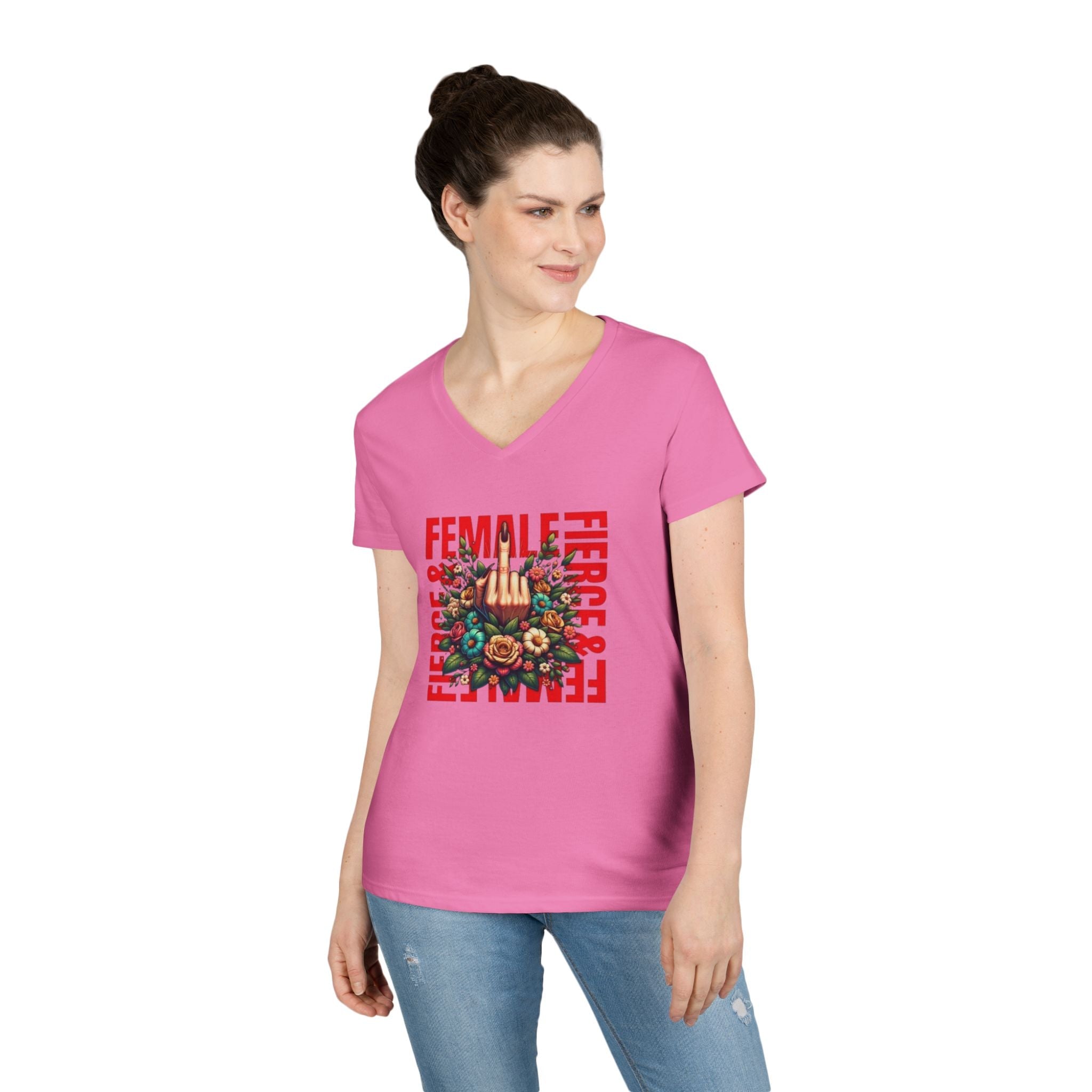 Fierce & Female V - Neck T-Shirt - Empowering Floral Tee for Women - EqualiTees.Me