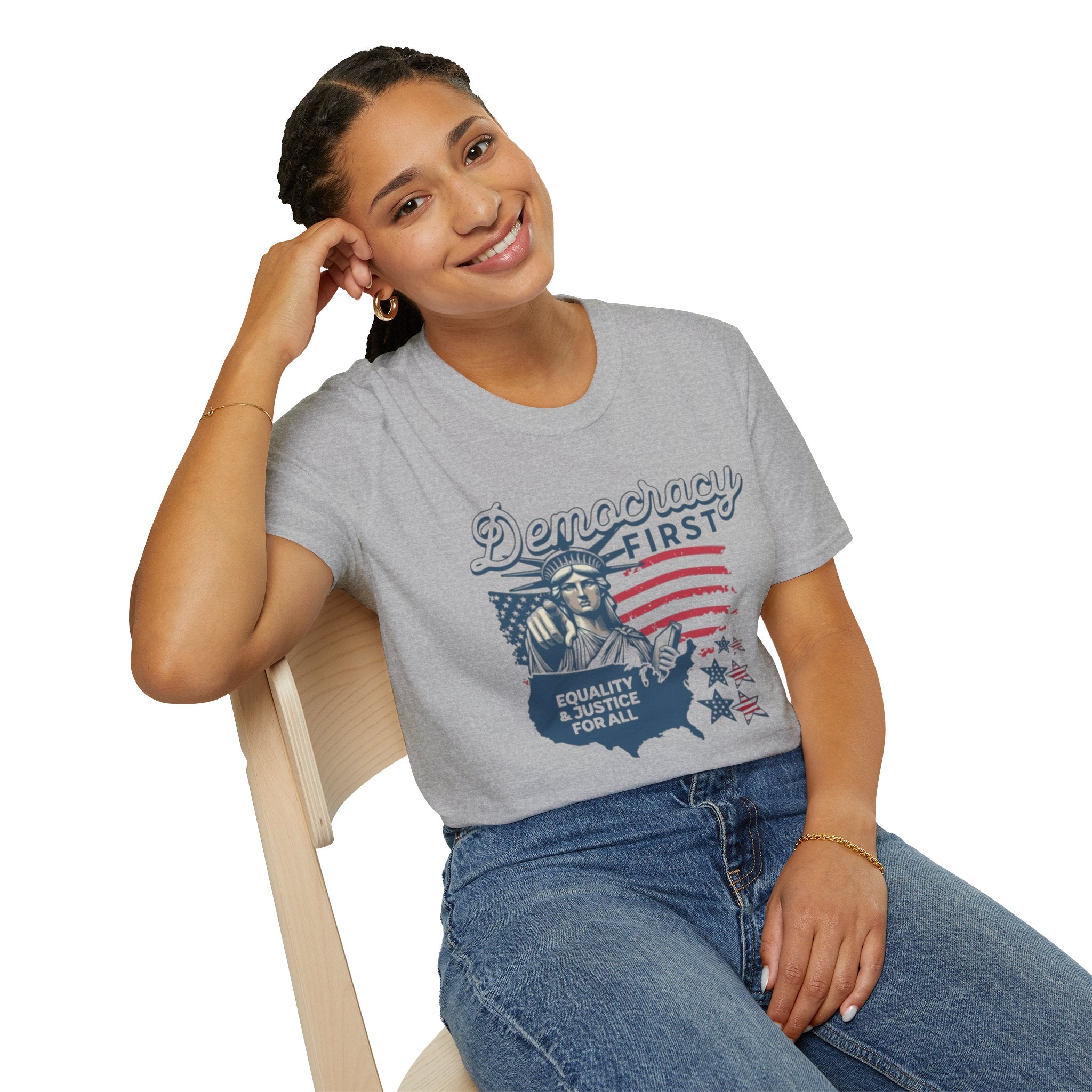 Democracy First T-Shirt | Unisex Softstyle Tee for Equality & Justice