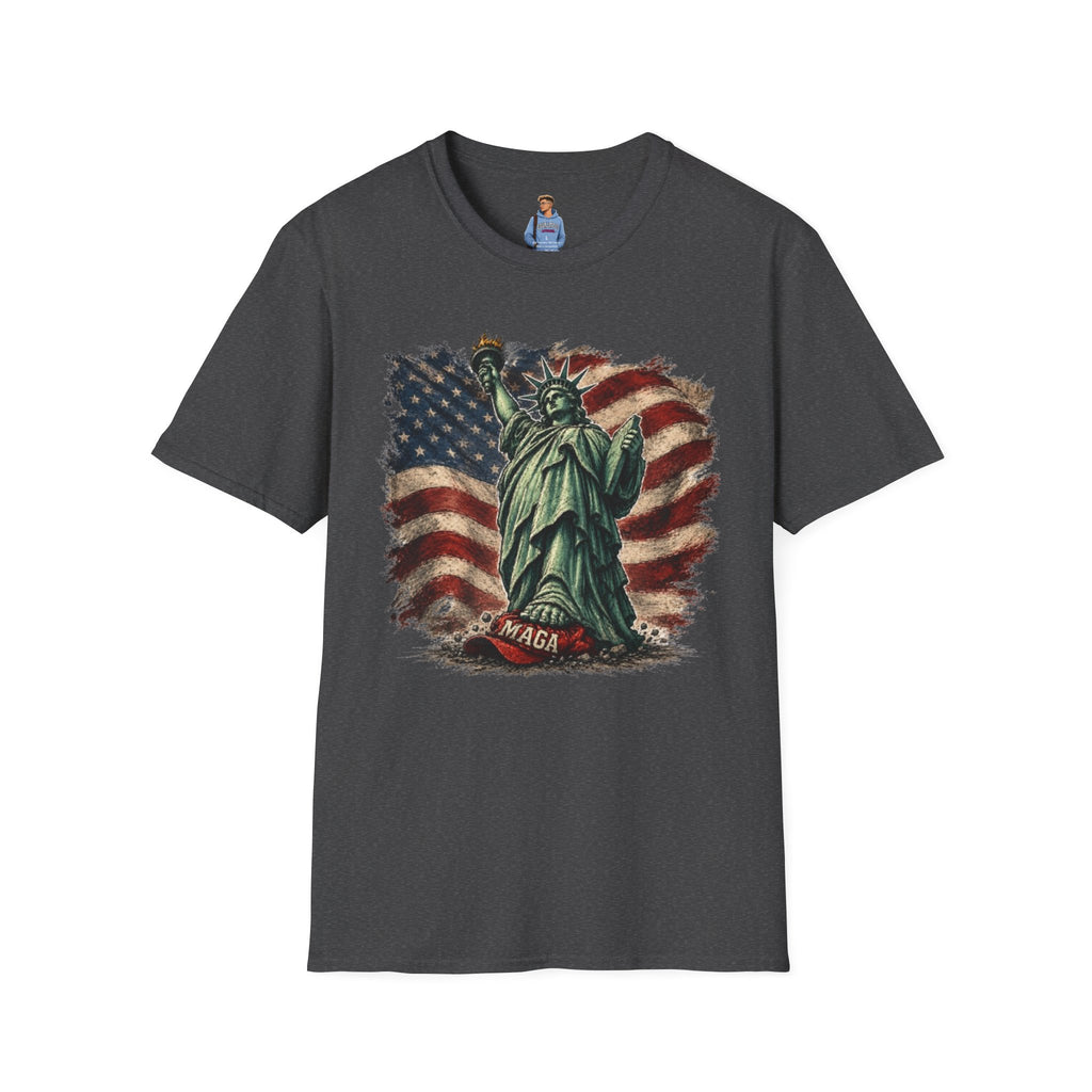 Statue of Liberty Stepping on MAGA American Flag T-Shirt — Patriotic USA Independence Day Tee