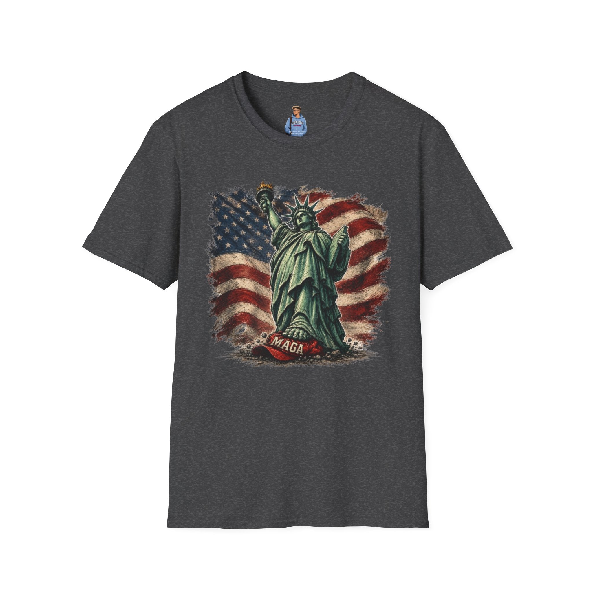 Statue of Liberty Stepping on MAGA American Flag T-Shirt — Patriotic USA Independence Day Tee