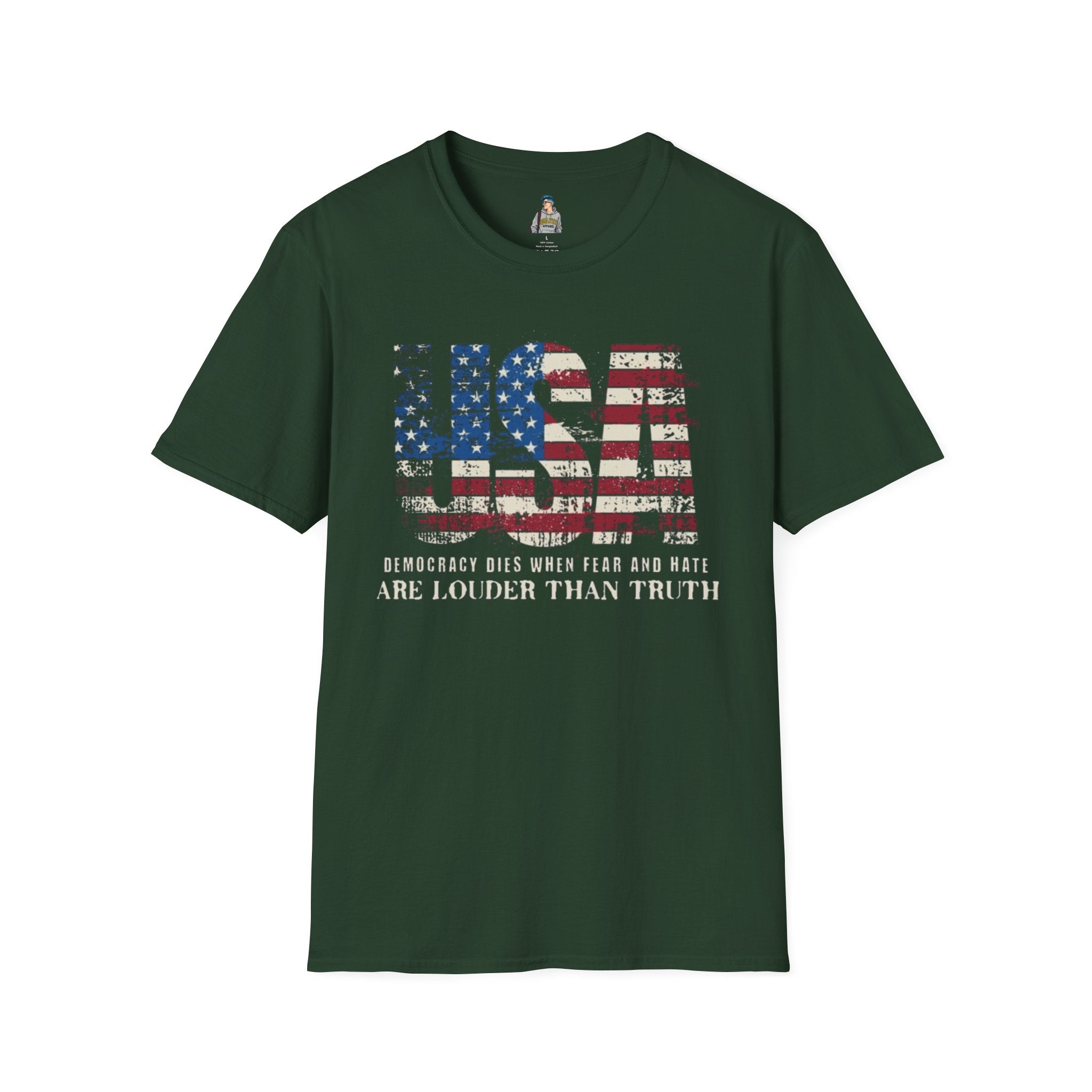 Patriotic Unisex Softstyle T-Shirt - "USA" & History Quote Design