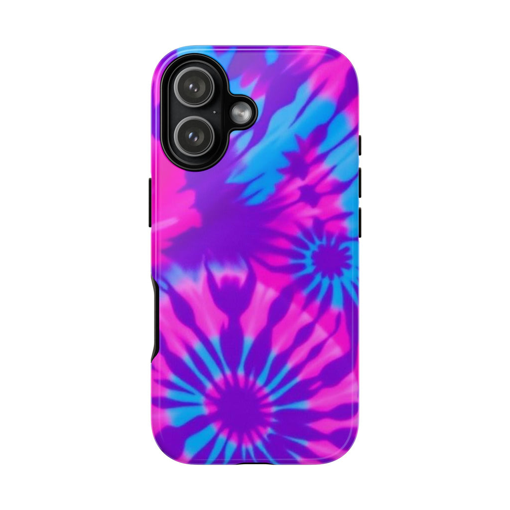 Tie-Dye Floral Phone Case for iPhone — Pink & Blue Retro Protective Tough Case