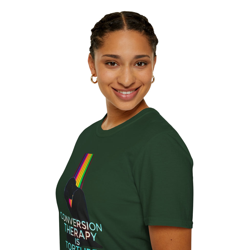 Unisex Softstyle T-Shirt - LGBTQ+ Empowerment T-Shirt: Conversion Therapy is Torture & We All Belong