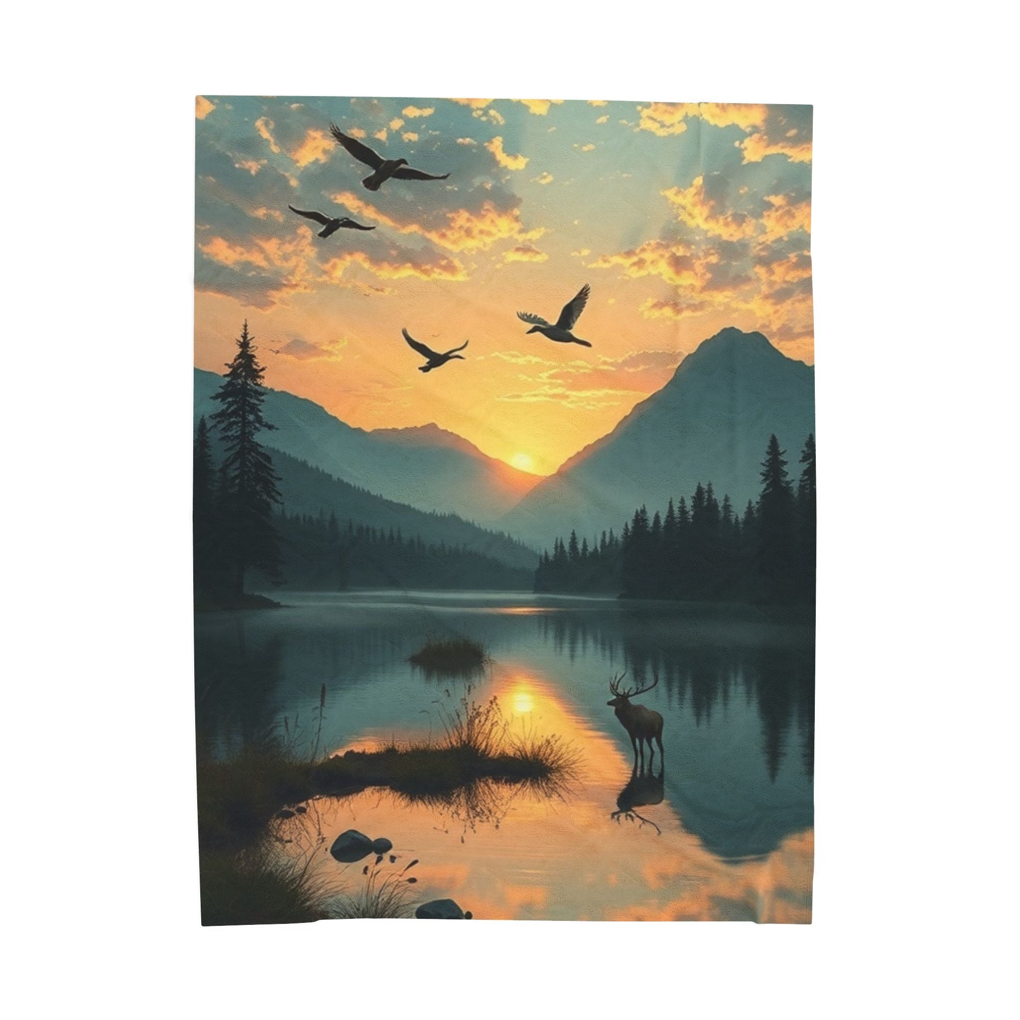 Lake Scene with Elk and Ducks Velveteen Plush Blanket – For Comfort and Warmth