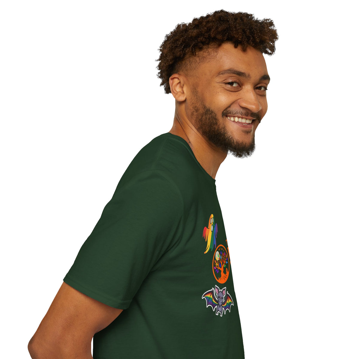 The Pride Tree Halloween T‑Shirt — Rainbow Ghosts, Pumpkins & Bat Graphic Tee