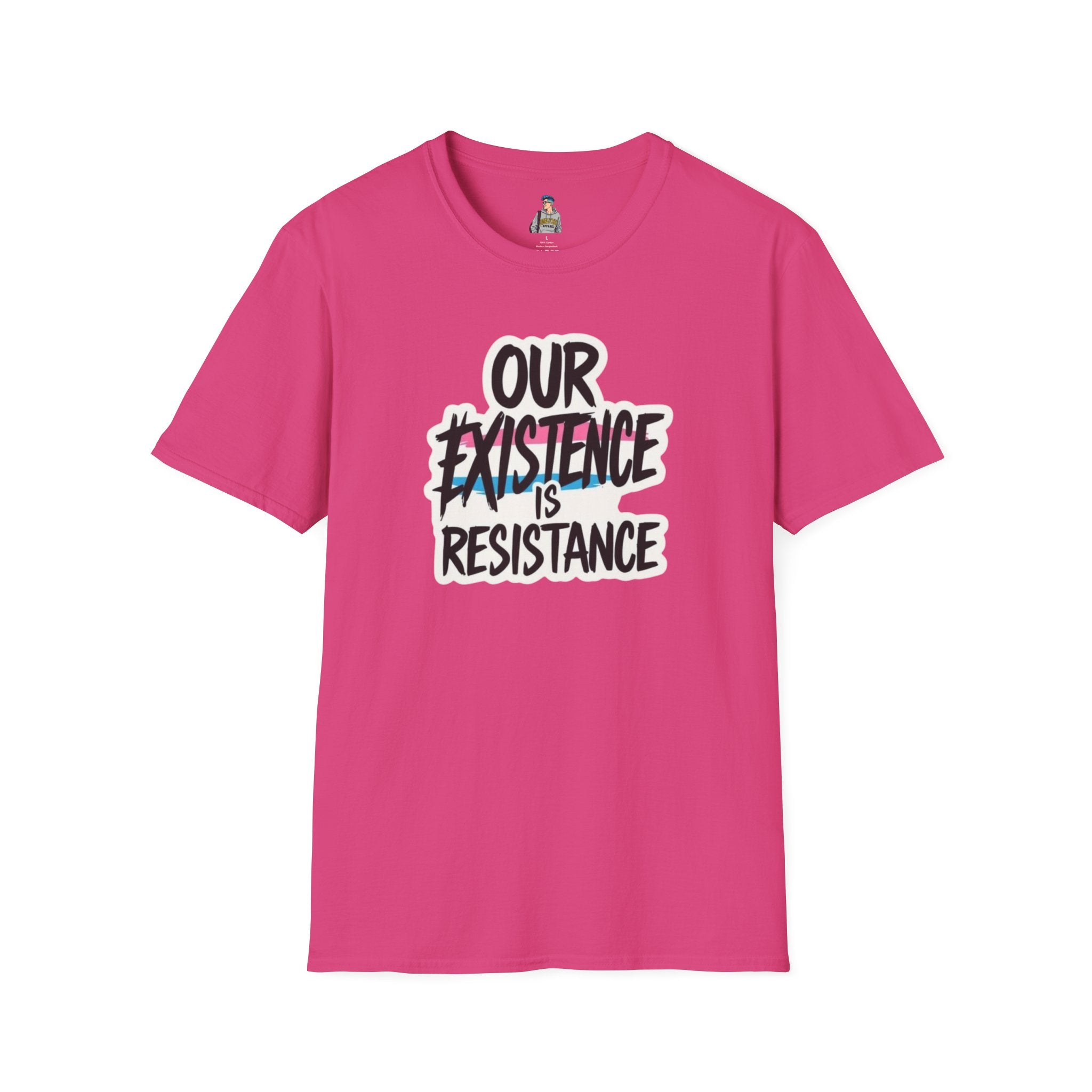 Our Existence is Resistance Trans Pride Unisex Softstyle T-Shirt - Empowering Statement Tee for Activists and Advocates