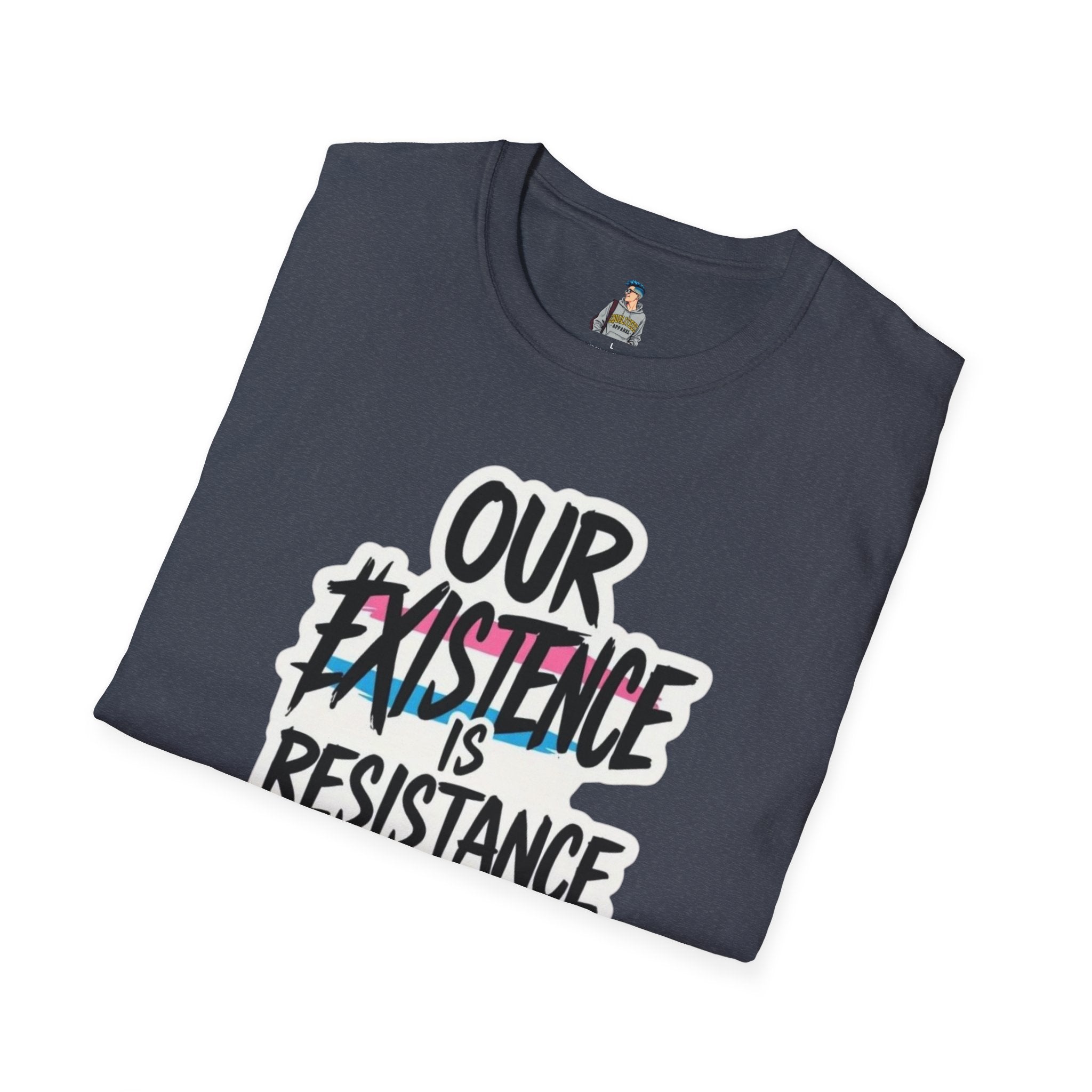Our Existence is Resistance Trans Pride Unisex Softstyle T-Shirt - Empowering Statement Tee for Activists and Advocates