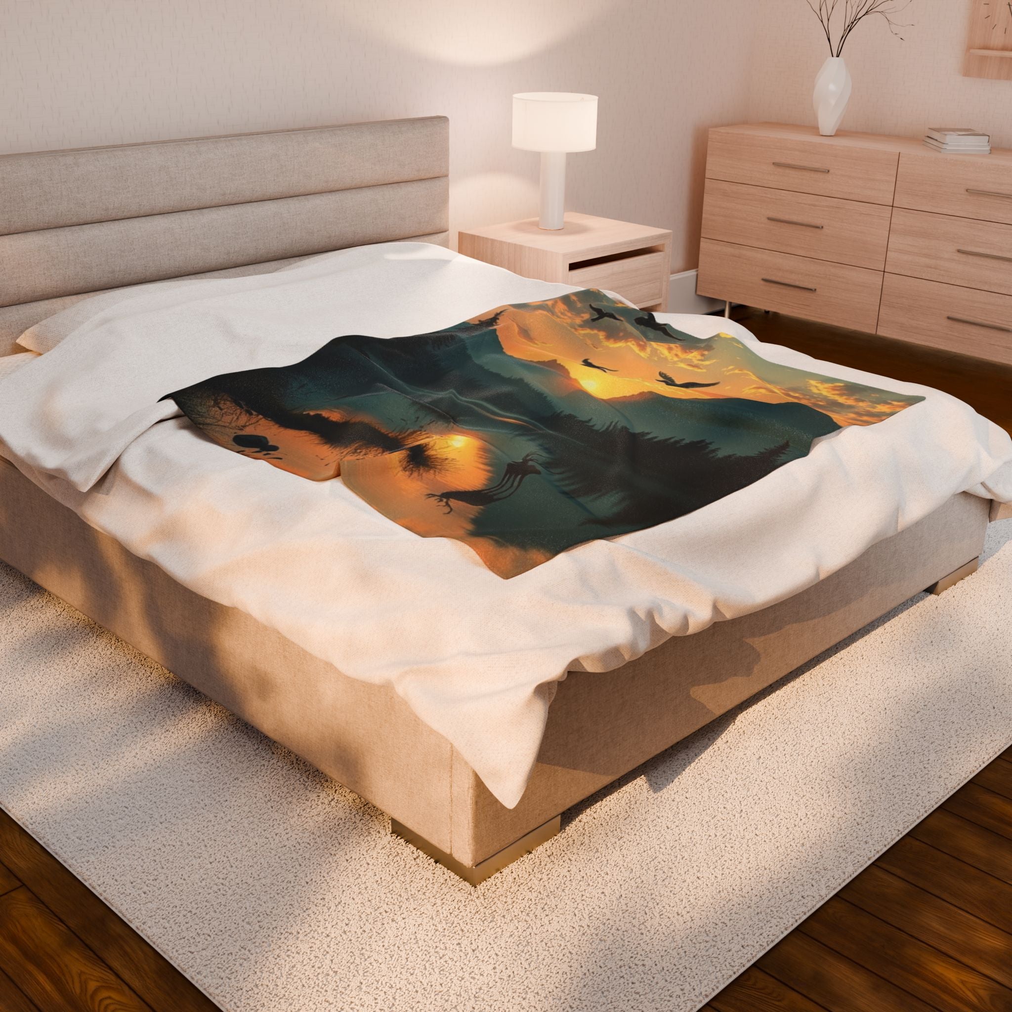 Lake Scene with Elk and Ducks Velveteen Plush Blanket – For Comfort and Warmth