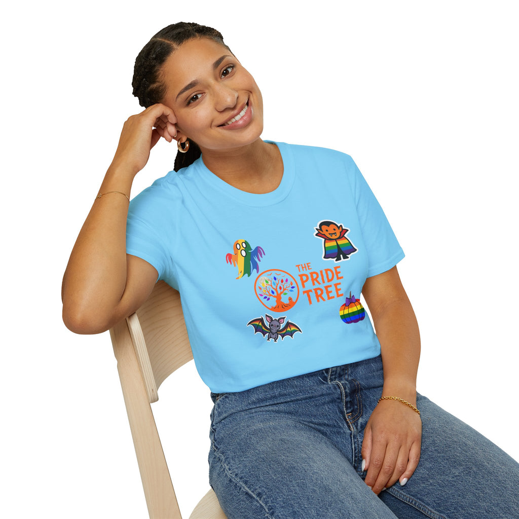 The Pride Tree Halloween T‑Shirt — Rainbow Ghosts, Pumpkins & Bat Graphic Tee