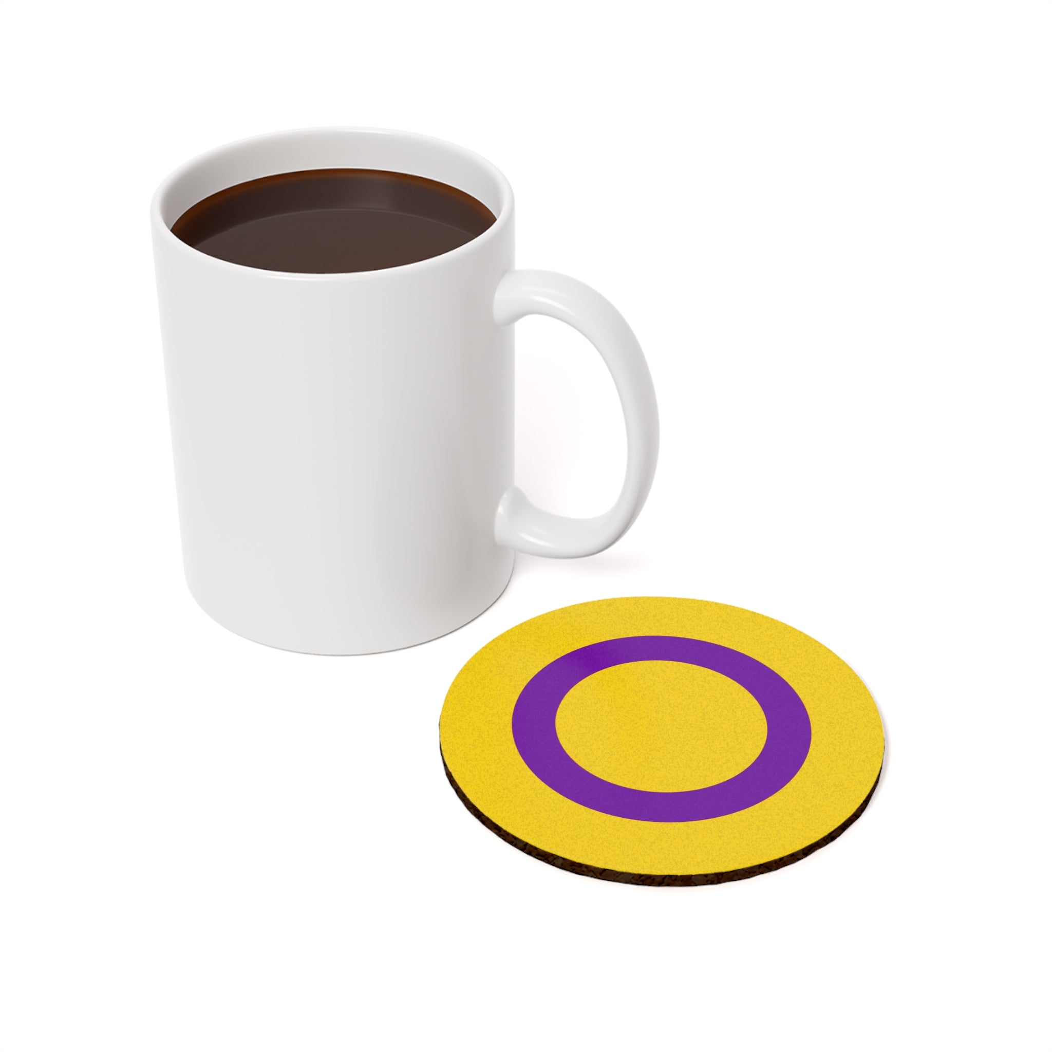 Colorful Round Cork Back Coaster - Bright Yellow with Purple Ring, Perfect for Home Decor & Gifts