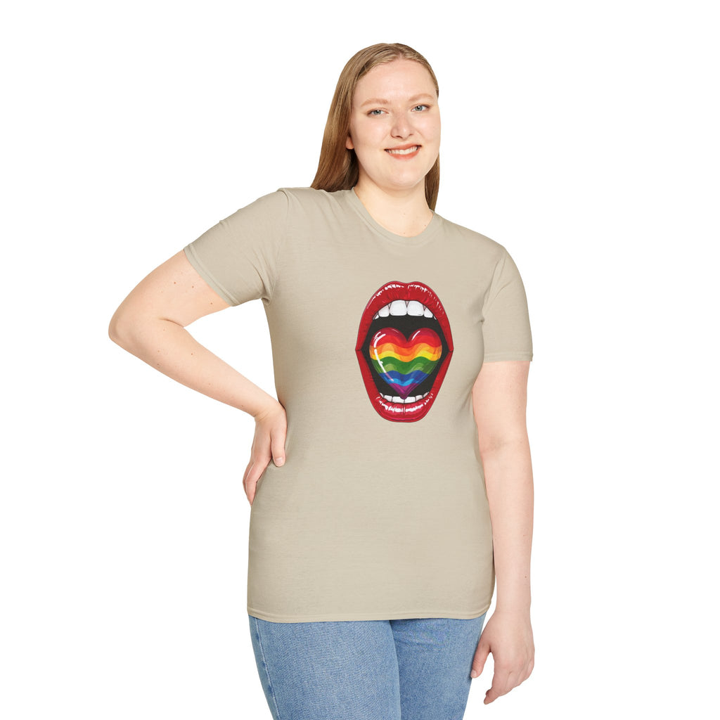 Pride Love Unisex Softstyle T-Shirt | LGBTQ+ Rainbow Heart Design