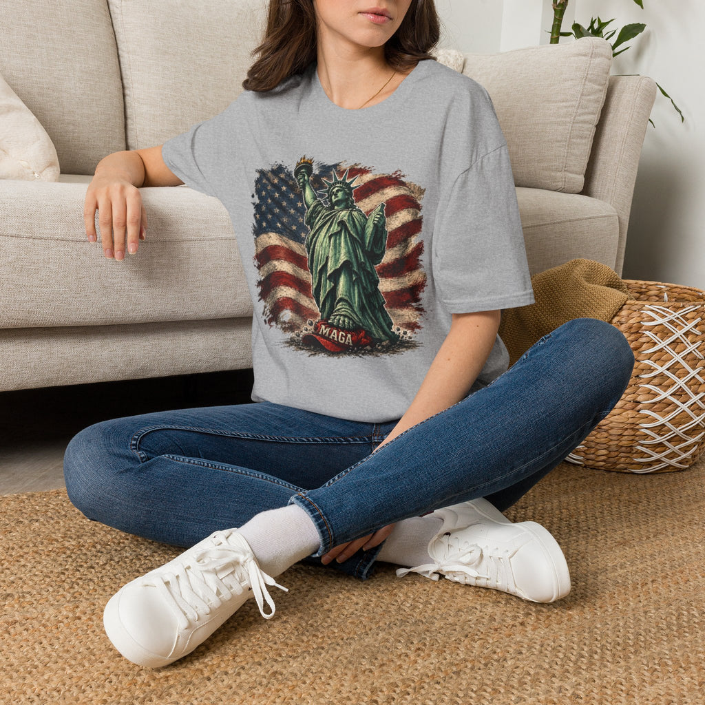 Statue of Liberty Stepping on MAGA American Flag T-Shirt — Patriotic USA Independence Day Tee