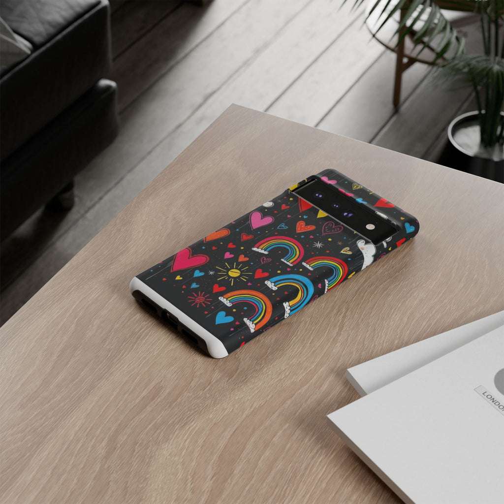 Android OR iPhone Compatible Cases - Doodle Hearts and Rainbows Design