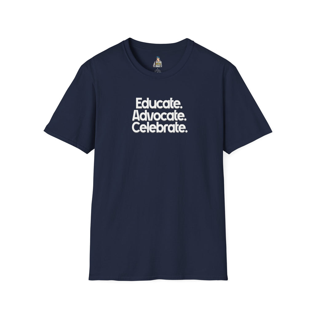 Educate. Advocate. Celebrate. Minimalist Pride T-Shirt - EqualiTees.Me