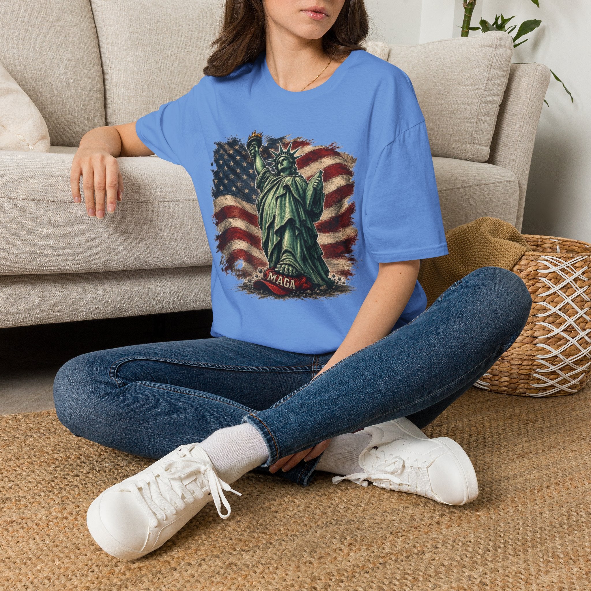 Statue of Liberty Stepping on MAGA American Flag T-Shirt — Patriotic USA Independence Day Tee