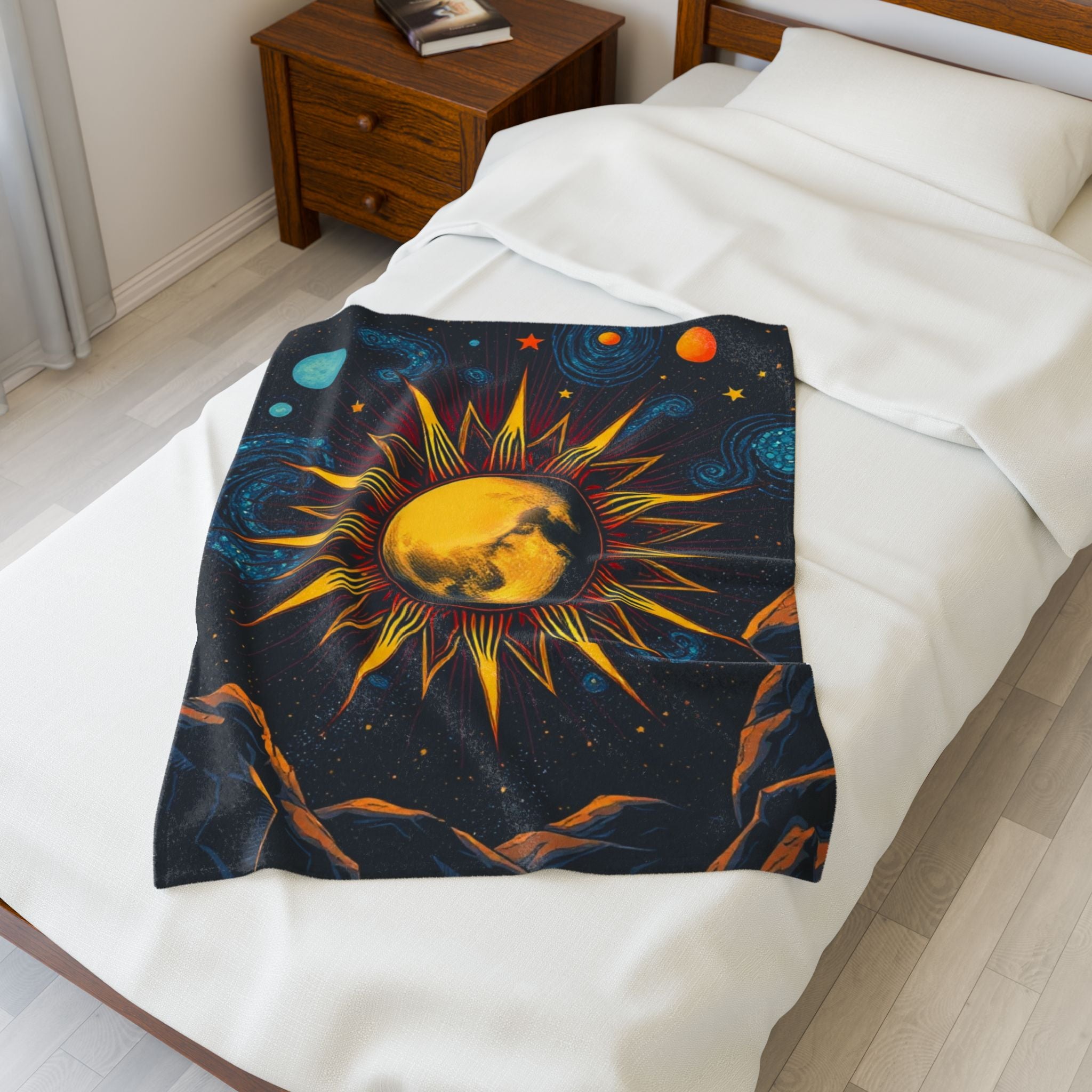 Moon and Galaxies Illistration Plush Blanket – For Comfort and Warmth
