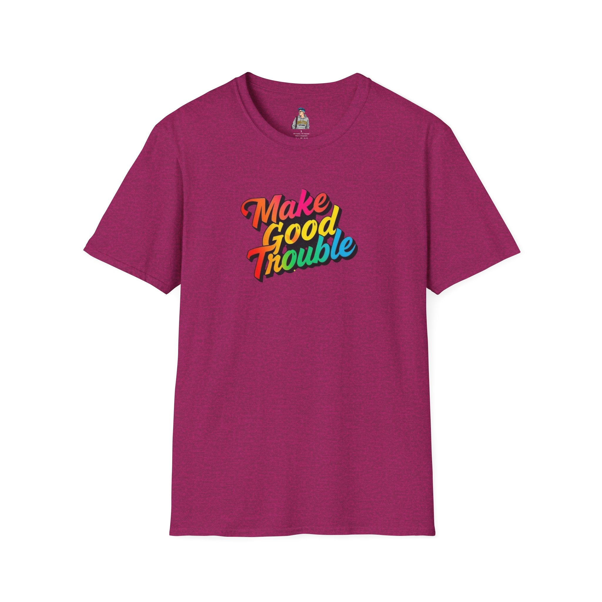 Inspirational Unisex Softstyle T-Shirt - 'Make Good Trouble' Rainbow Statement Tee